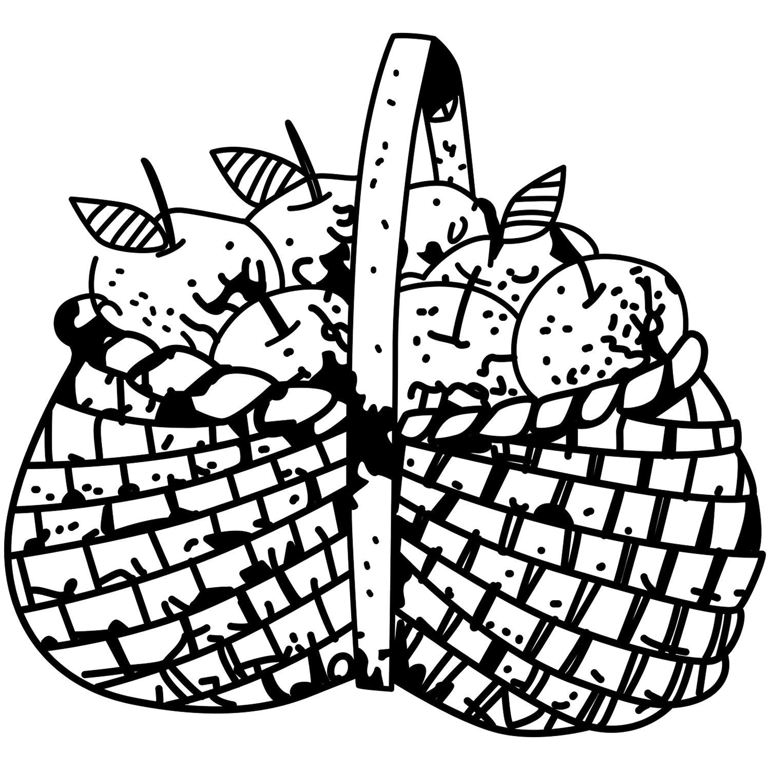 Black and white illustration of apples in a woven basket with leaves, printable coloring page.