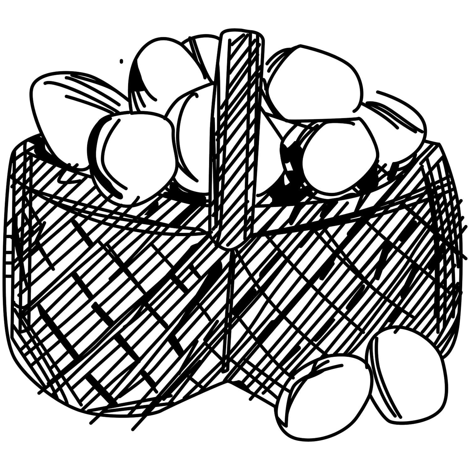 Black and white hand-drawn basket of apples illustration, sketch style fruit basket clipart.