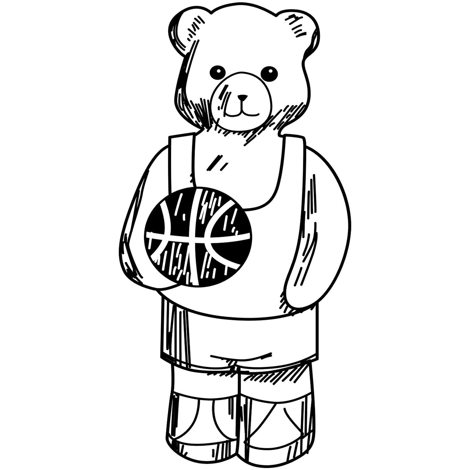 Black and white cartoon teddy bear holding a basketball, cute sporty bear illustration for kids and basketball-themed designs.