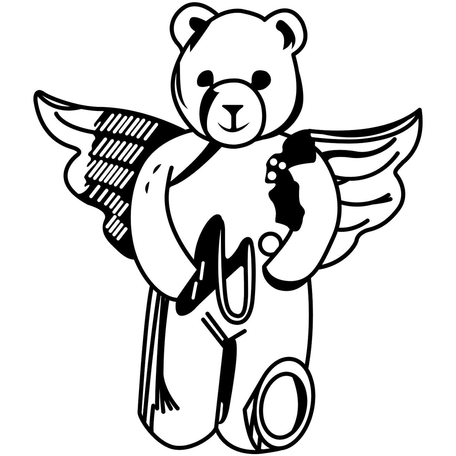 Black and white teddy bear with angel wings illustration, cute cartoon bear clipart on a white background.