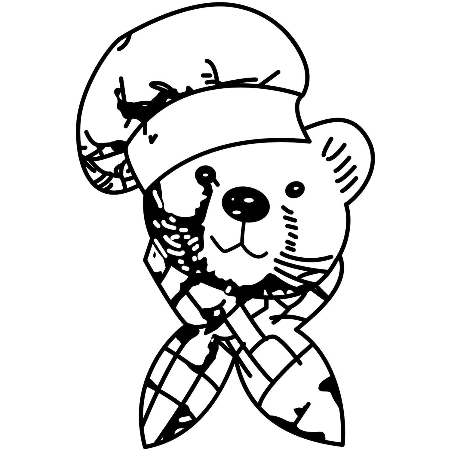 Cute black and white teddy bear line art wearing a winter hat and scarf, cartoon-style illustration on a white background.