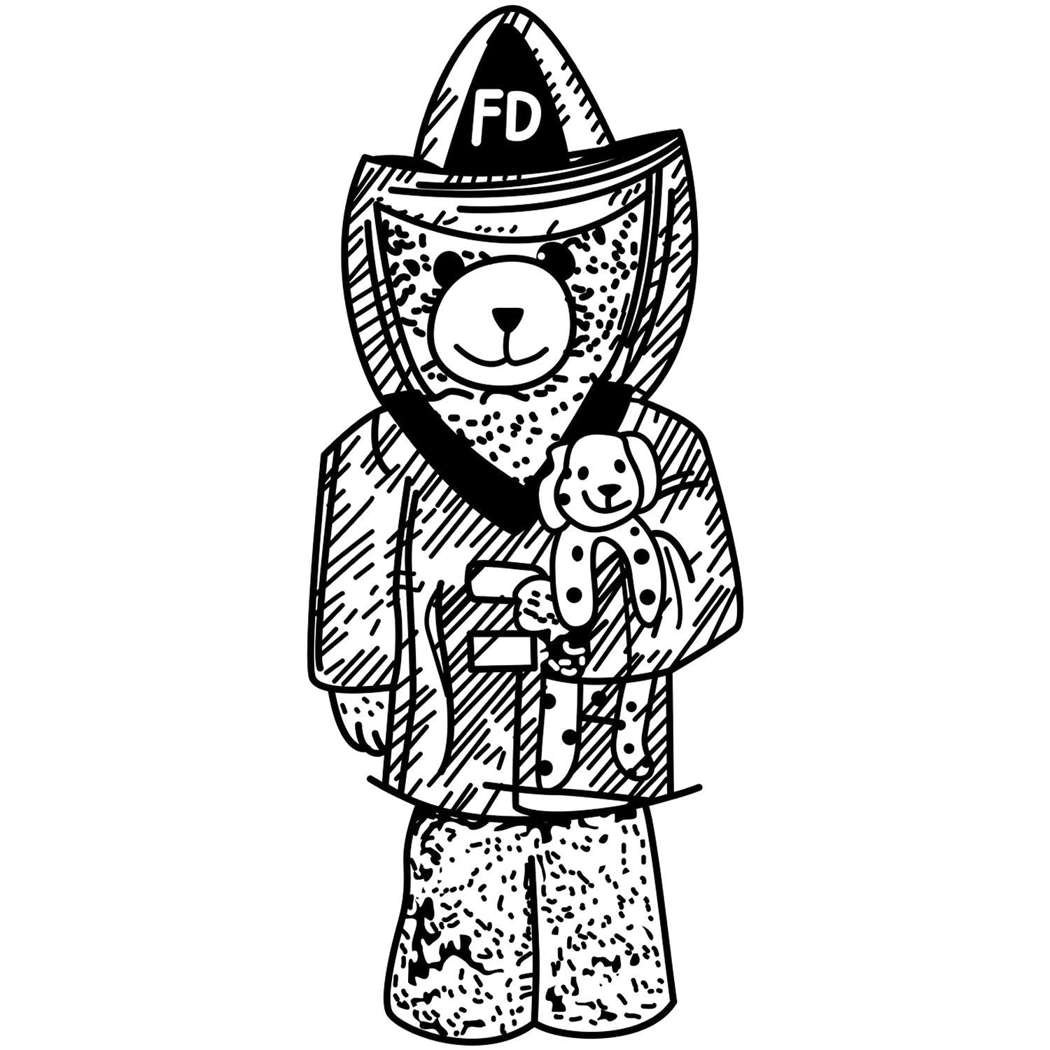 Black and white teddy bear firefighter illustration holding a small dog, wearing FD helmet and protective gear.