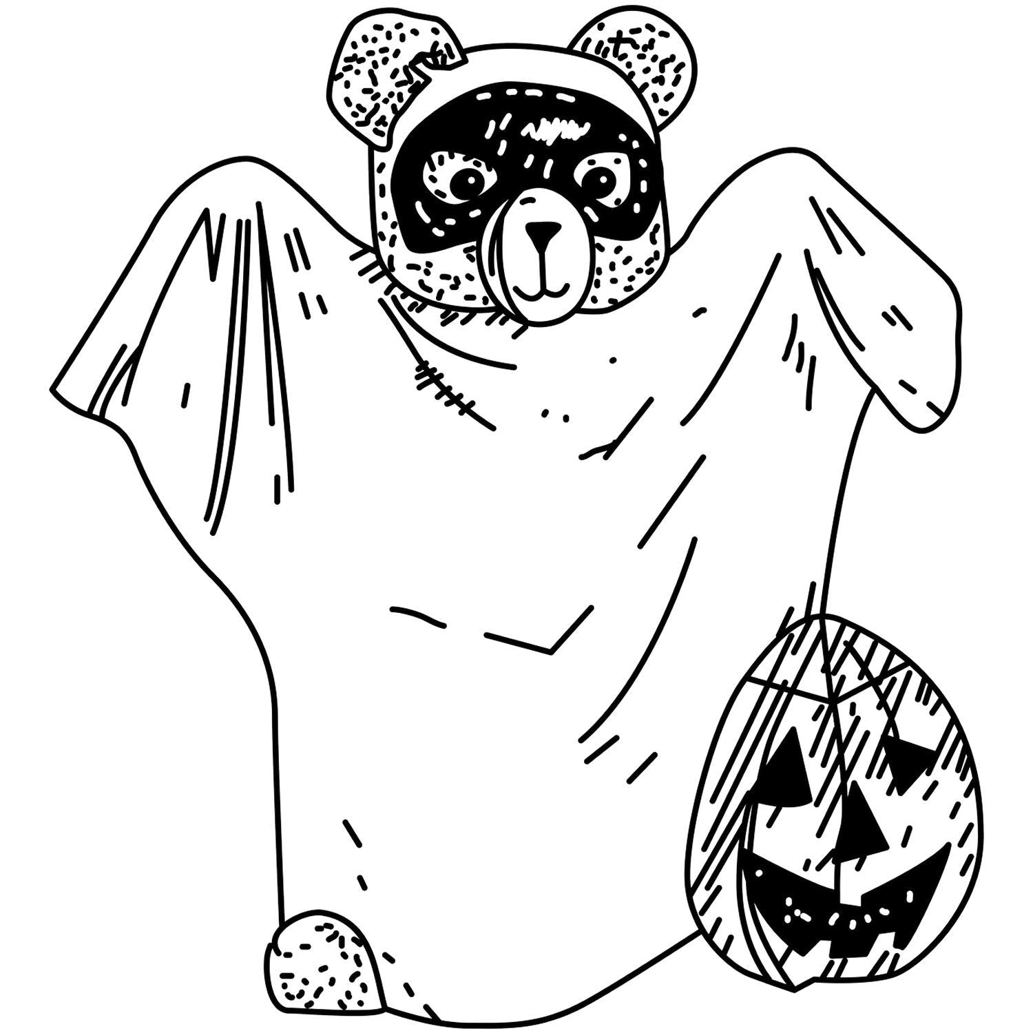 Black and white Halloween bear in ghost costume with jack-o-lantern illustration.