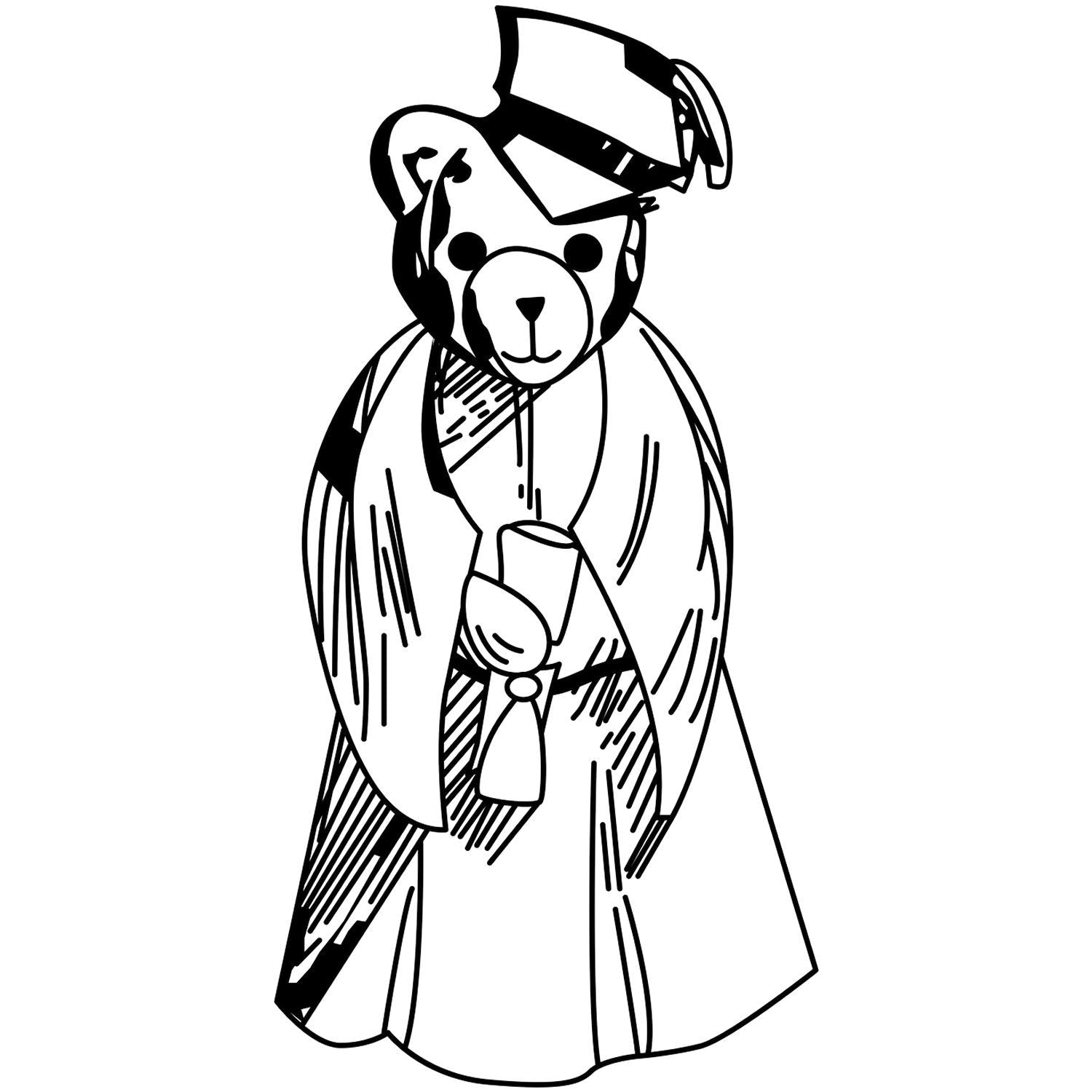 Black and white teddy bear illustration wearing a hat and coat, holding a cup in vintage line art style