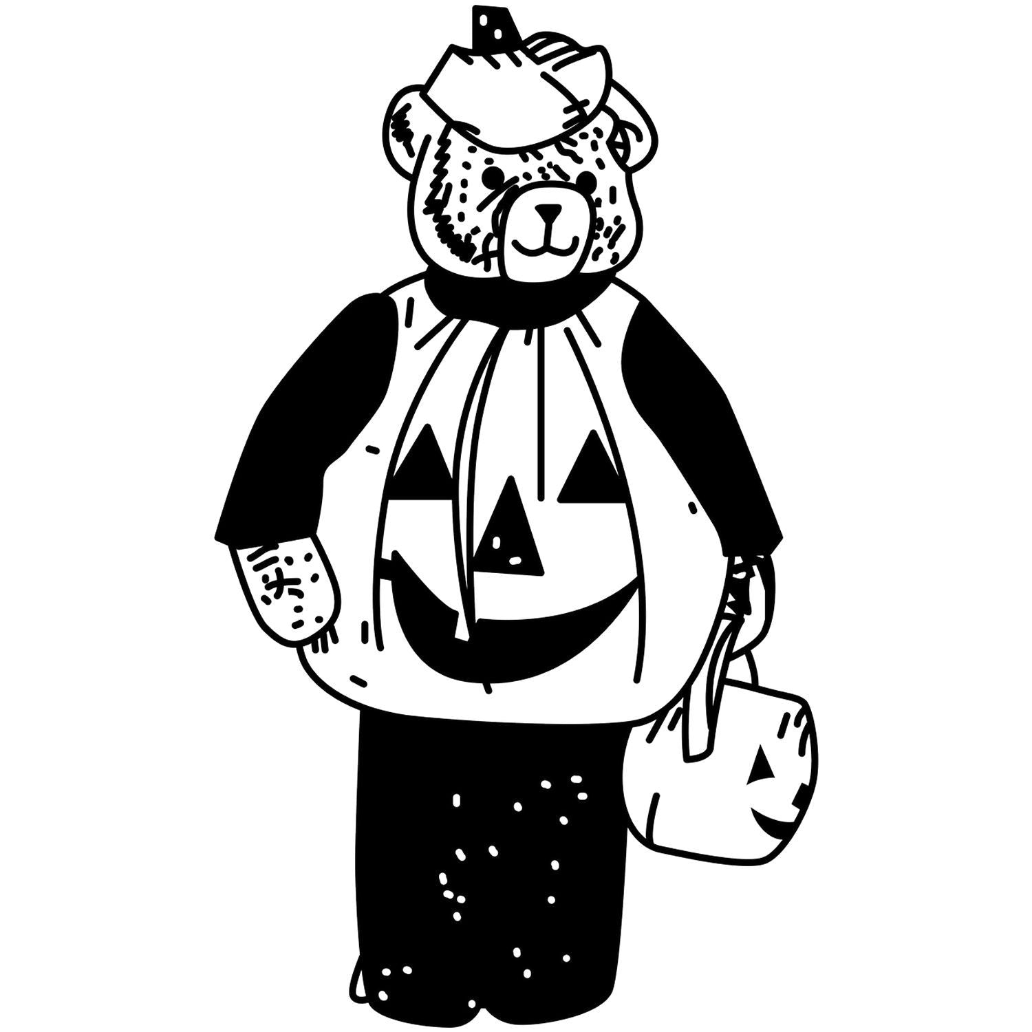 Black and white Halloween bear illustration in a scarecrow costume holding a pumpkin trick-or-treat bucket.