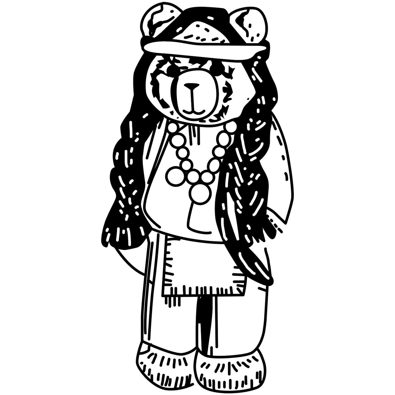 Black and white teddy bear illustration wearing a hat, necklace, and patterned outfit, cute hand-drawn animal art.