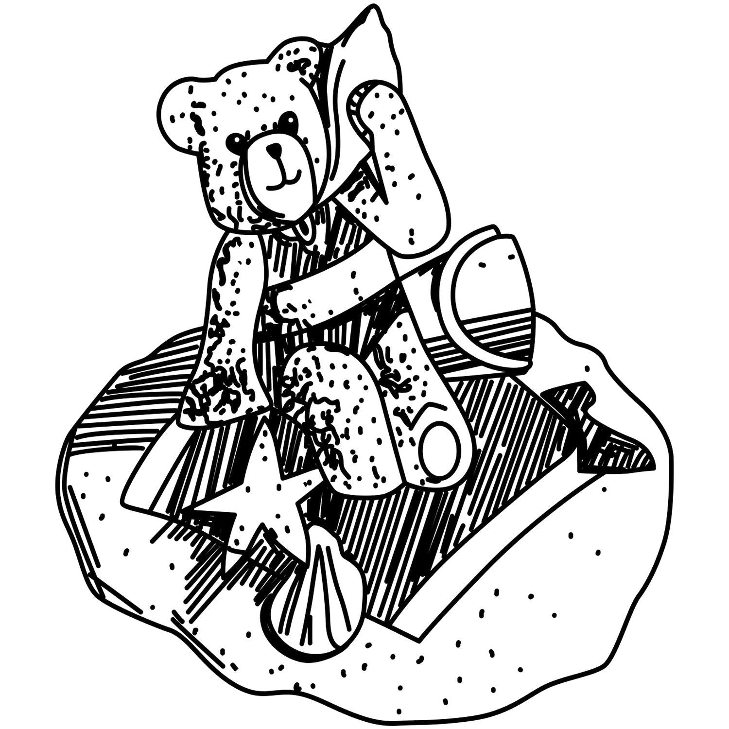 Black and white teddy bear on a wrapped gift box with stars, cute kids coloring page line art illustration.