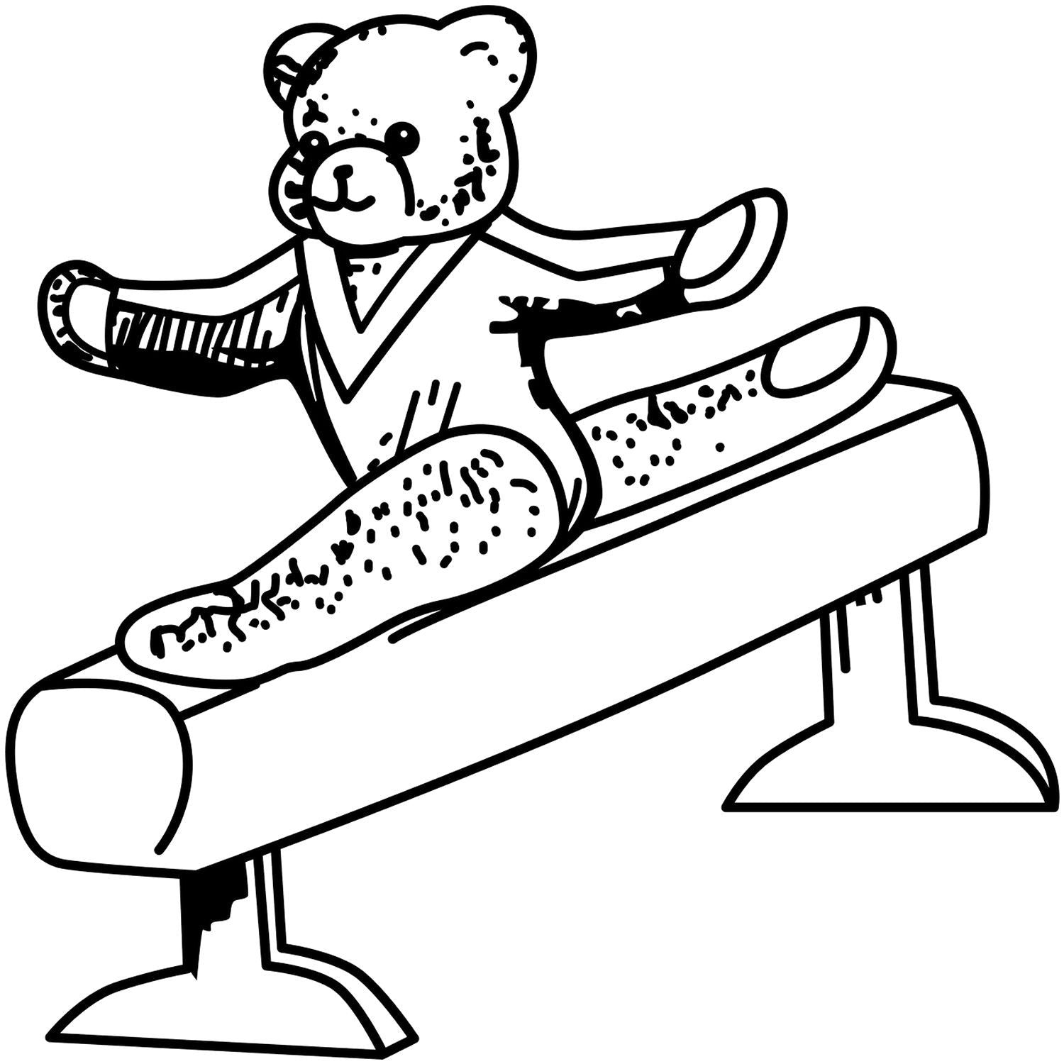 Cute teddy bear balancing on a gymnastics balance beam, black and white coloring page illustration.