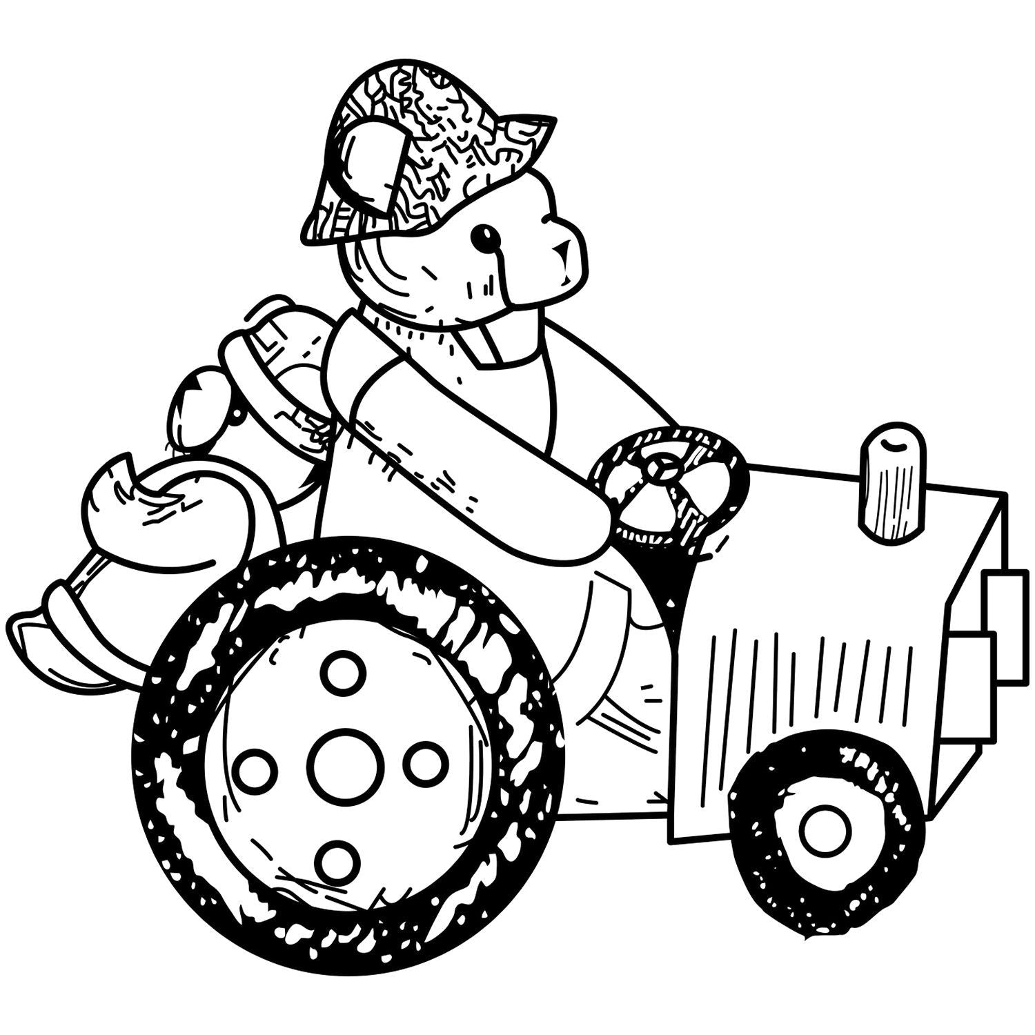 Cute cartoon bear driving a tractor, black and white coloring page illustration