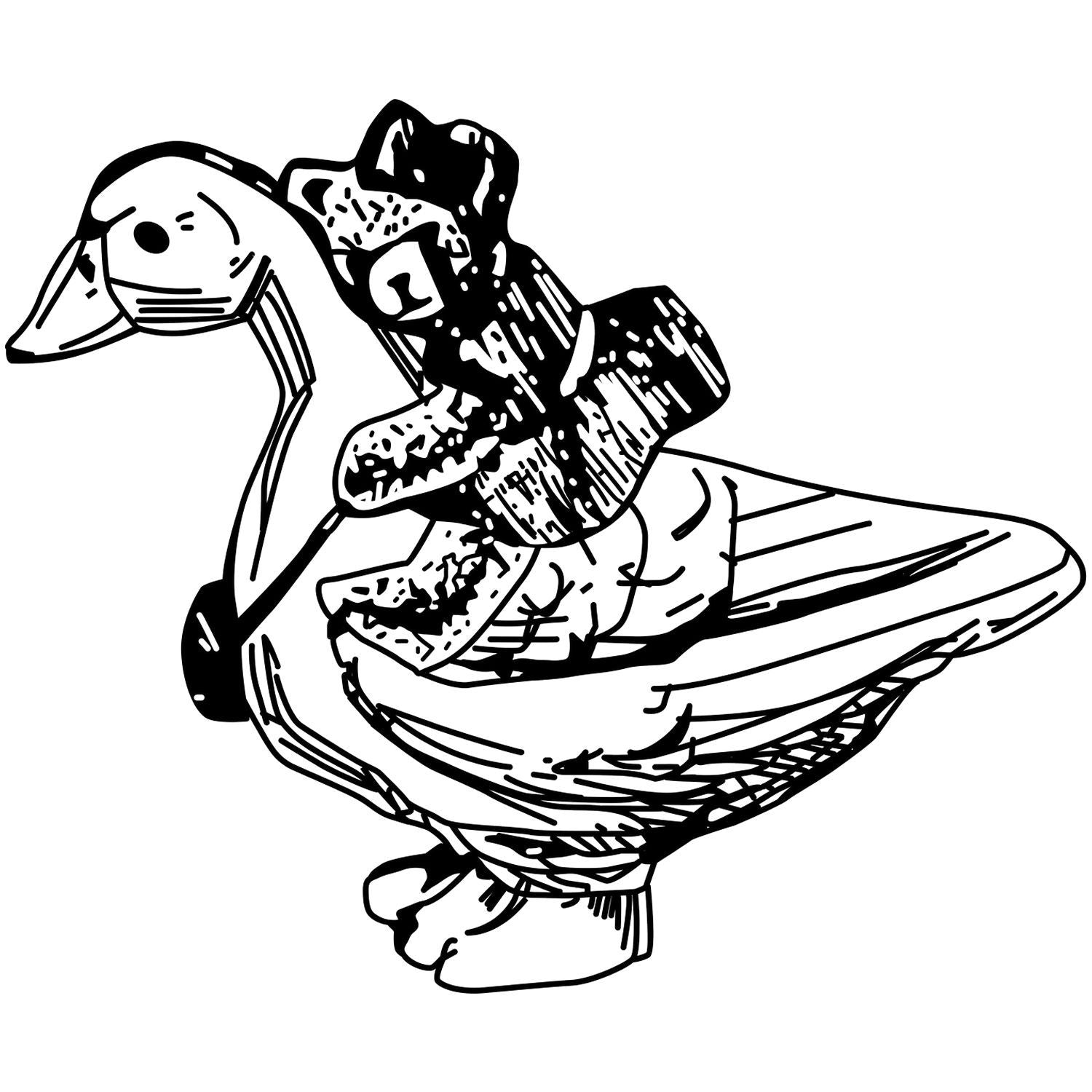 Black and white duck illustration with a frog on its back, hand-drawn animal clipart on white background.