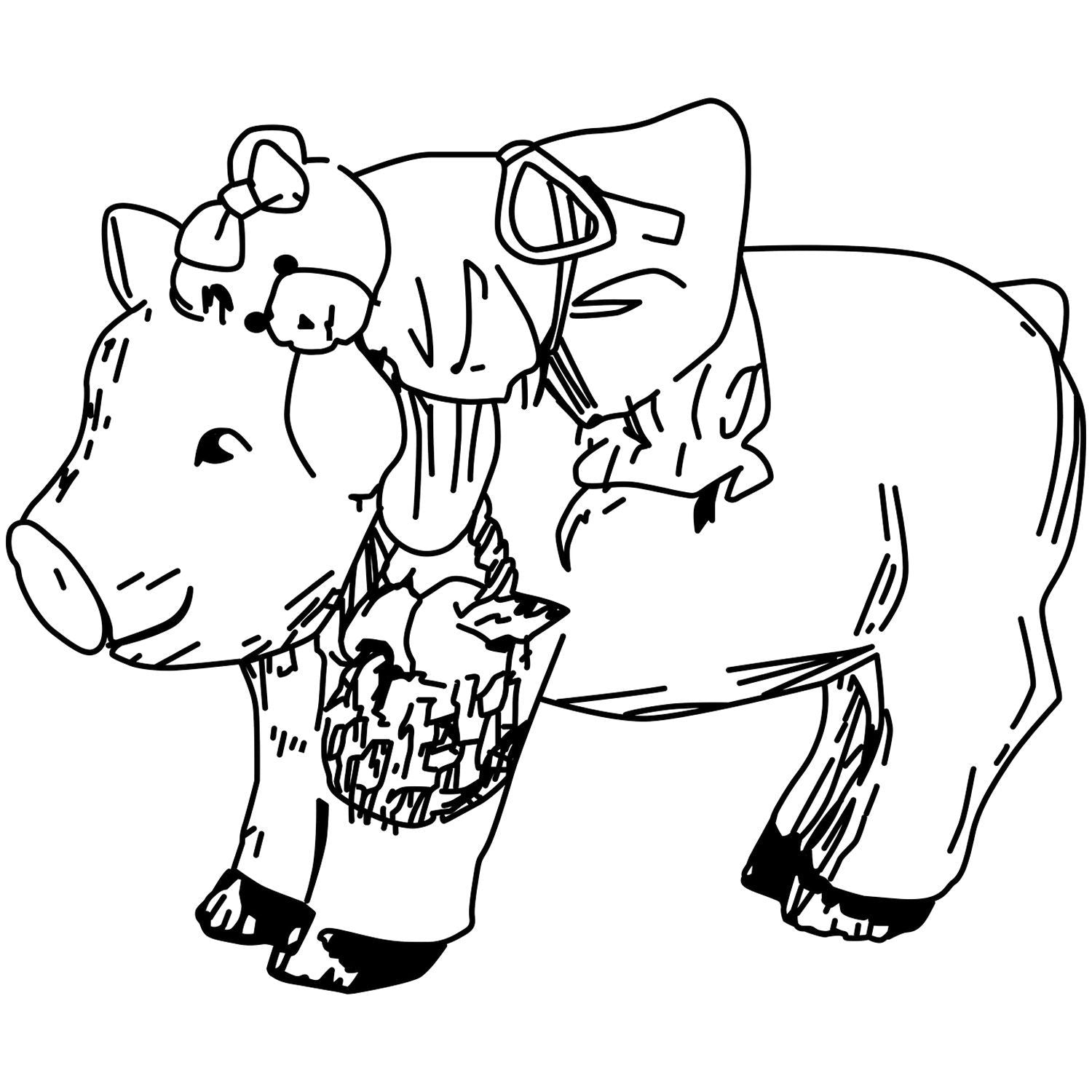 Black and white cute pig coloring page with cartoon line art and bow, hand-drawn animal illustration for kids.