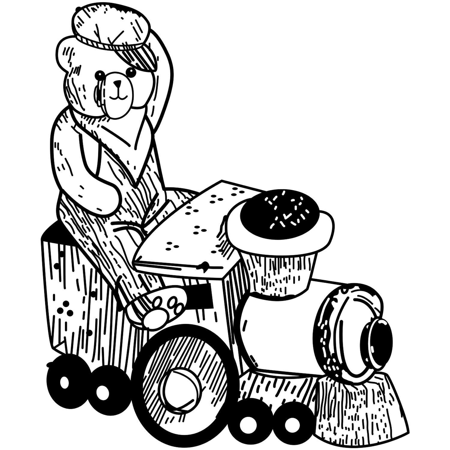 Cute black and white teddy bear riding a wooden toy train illustration, hand-drawn line art for kids and nursery decor.