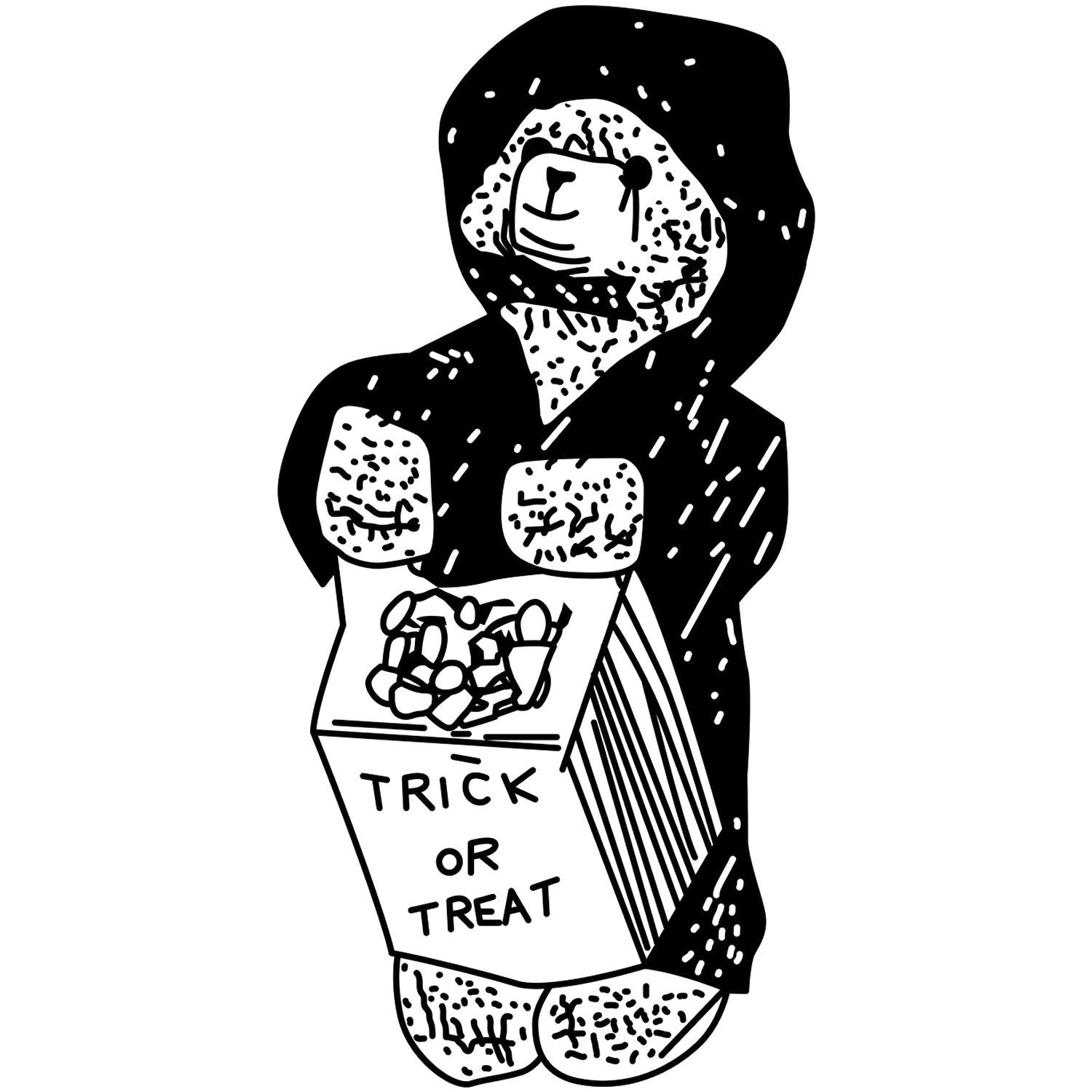 Black and white Halloween cartoon bear in a hoodie holding a trick-or-treat candy box, cute spooky illustration.