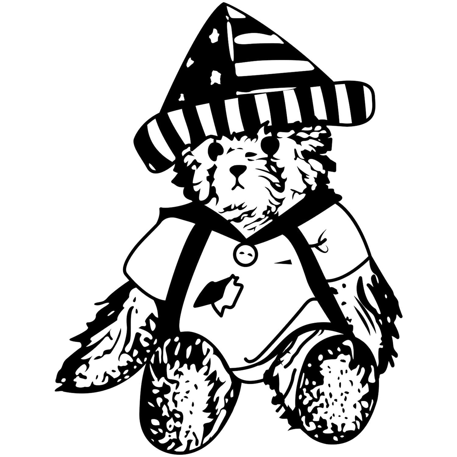 Black and white teddy bear clipart wearing a striped hat and costume, cute illustrated animal character on a white background.