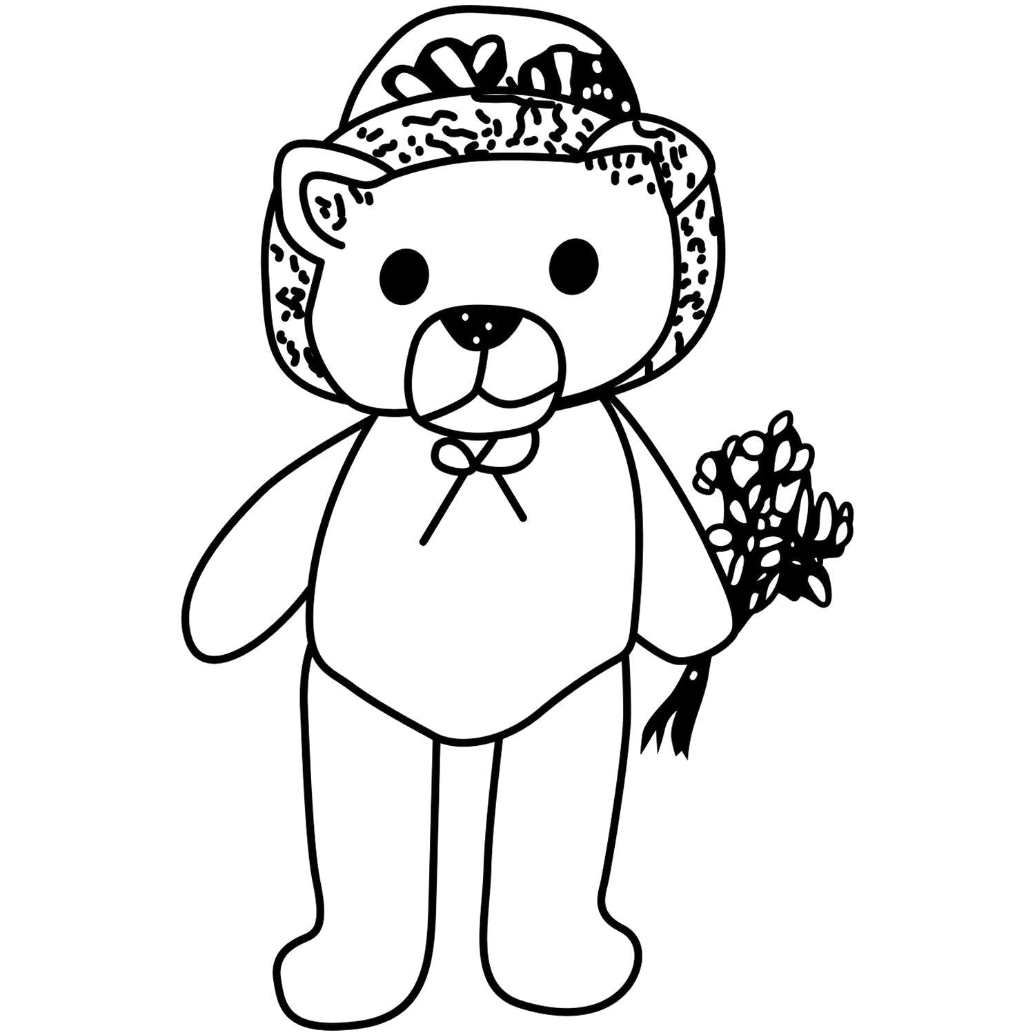 Cute black and white teddy bear coloring page holding flowers, simple cartoon bear illustration.