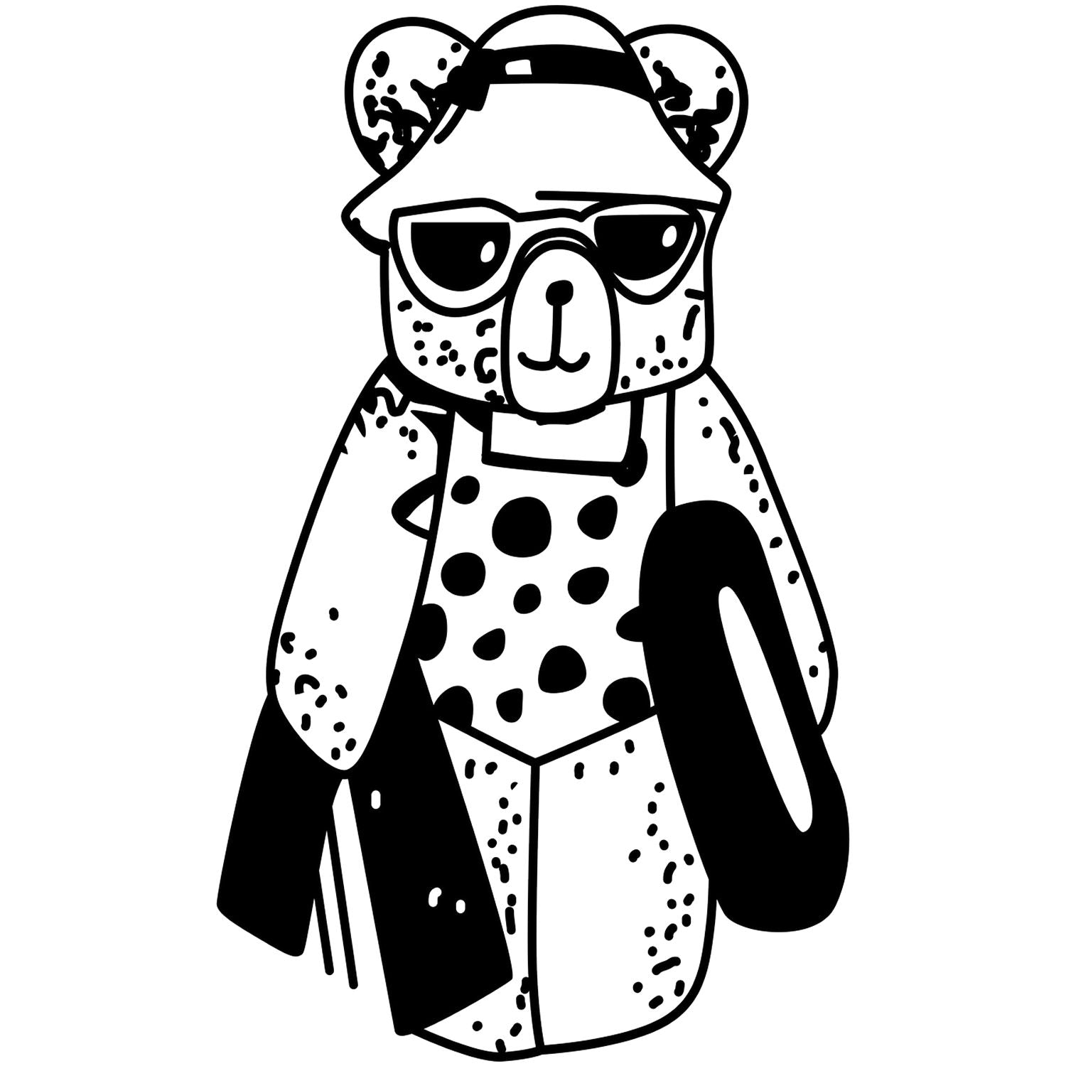 Black and white cool bear cartoon wearing sunglasses and a hat, trendy animal illustration.