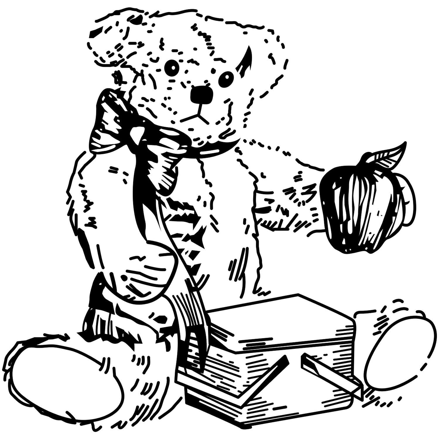 Black and white teddy bear sketch sitting on stacked books, cute hand-drawn illustration for kids or education content