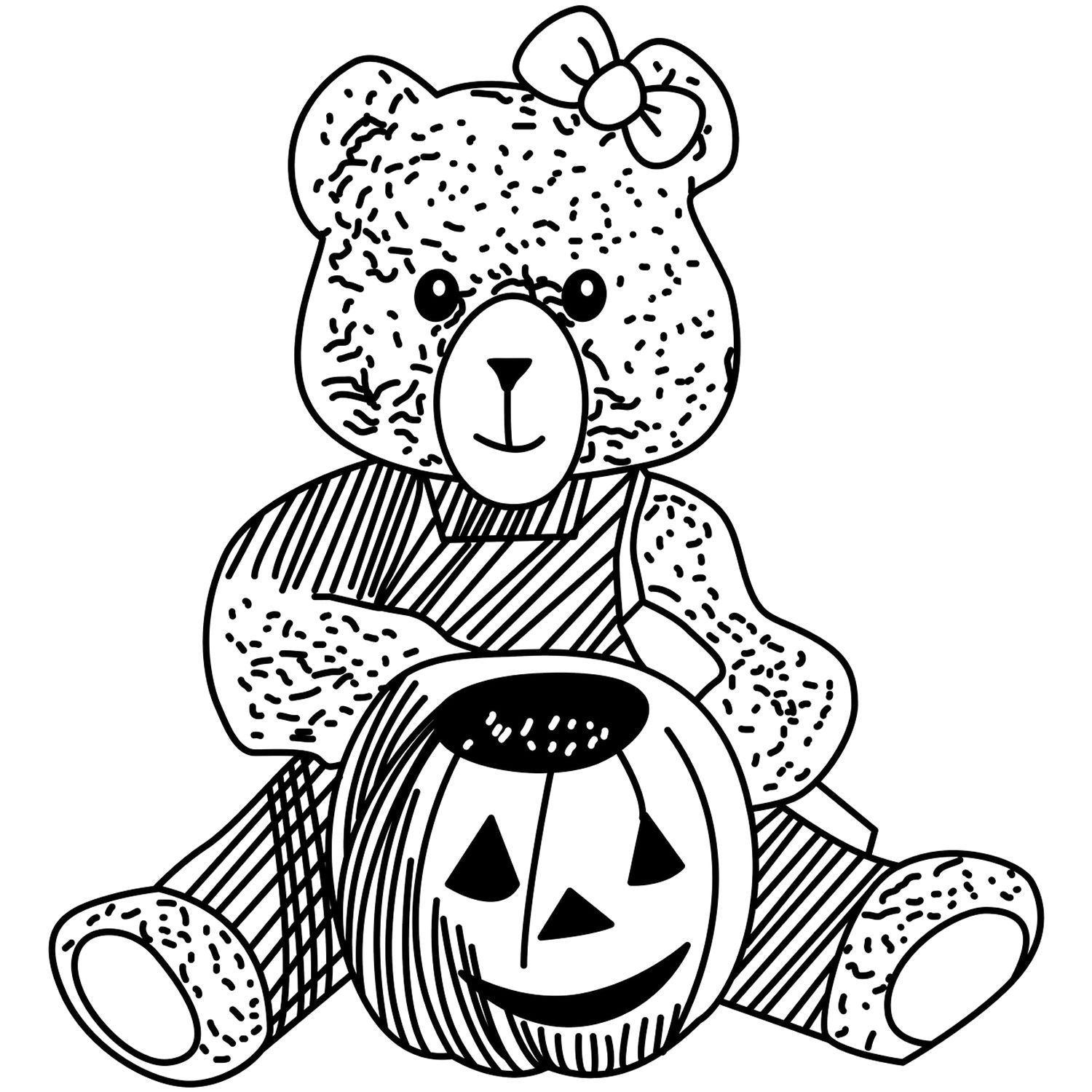 Black and white Halloween teddy bear with pumpkin, cute coloring page illustration with bow and striped outfit.
