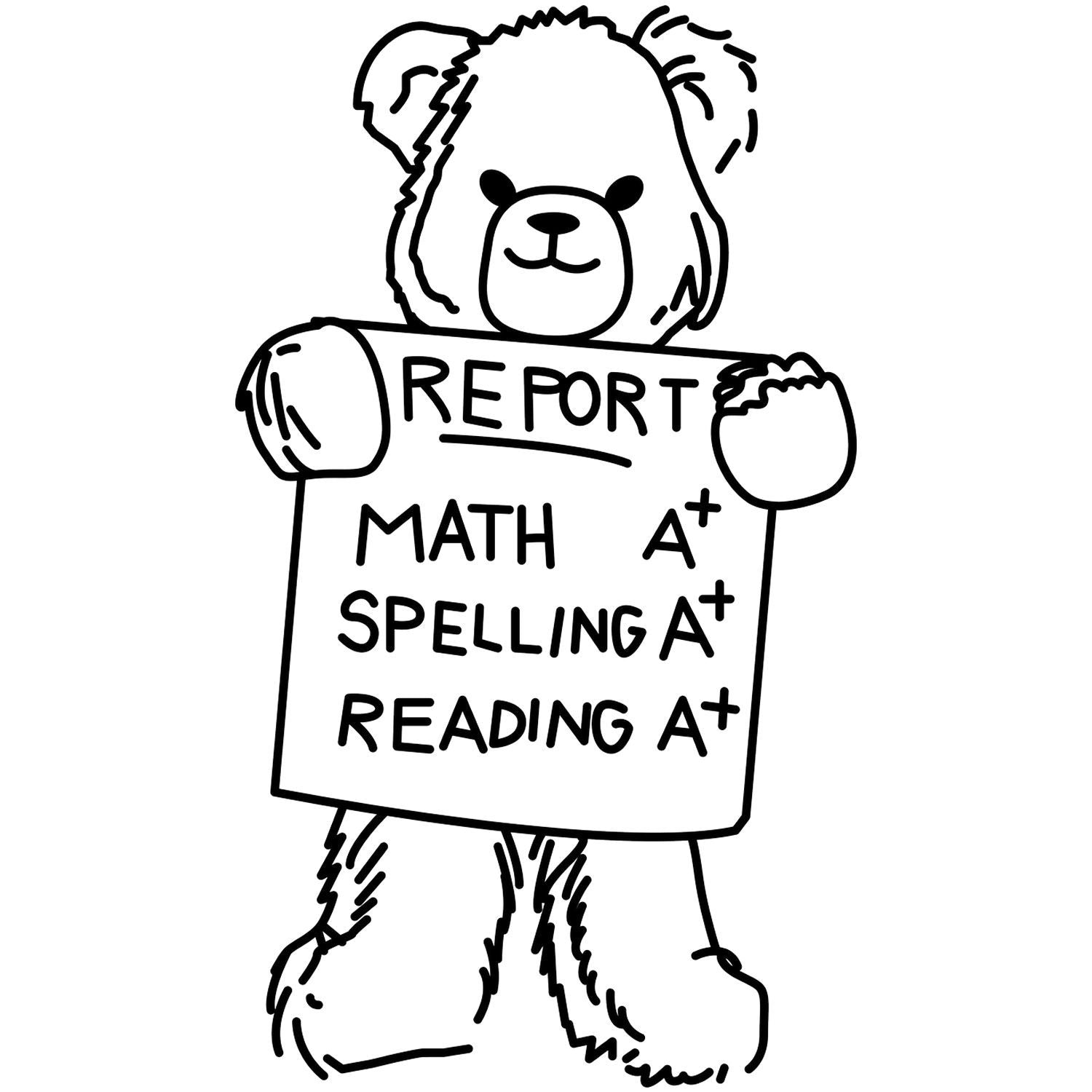 Black and white teddy bear holding a report card with A+ grades in math, spelling, and reading, cute school clipart illustration.