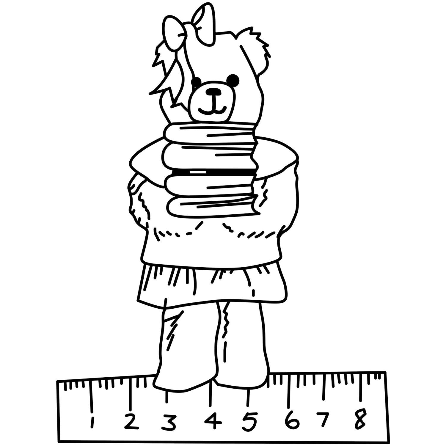 Cute teddy bear coloring page illustration standing on a measuring ruler, black and white line art for kids.