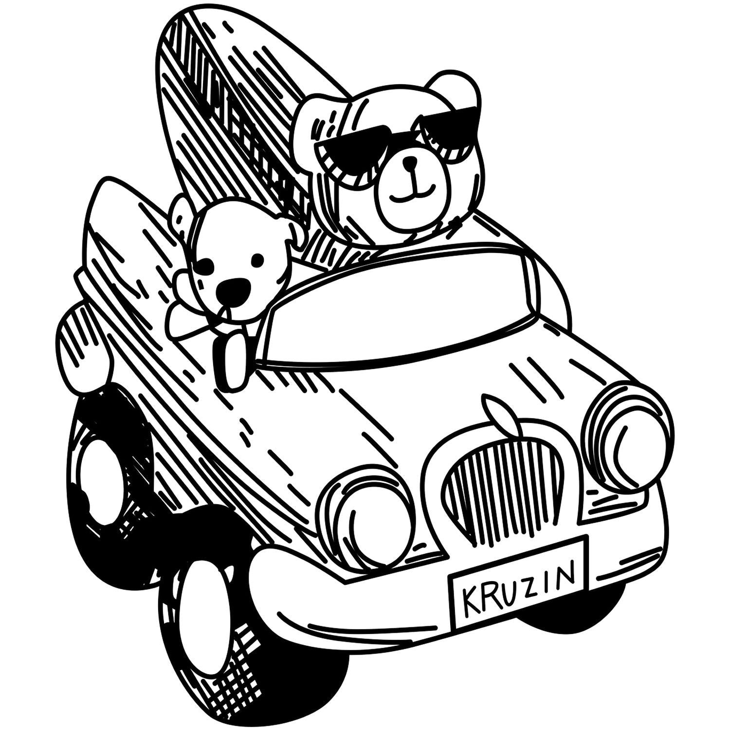 Cute black and white line art of two teddy bears riding in a vintage car, playful cartoon illustration for kids.