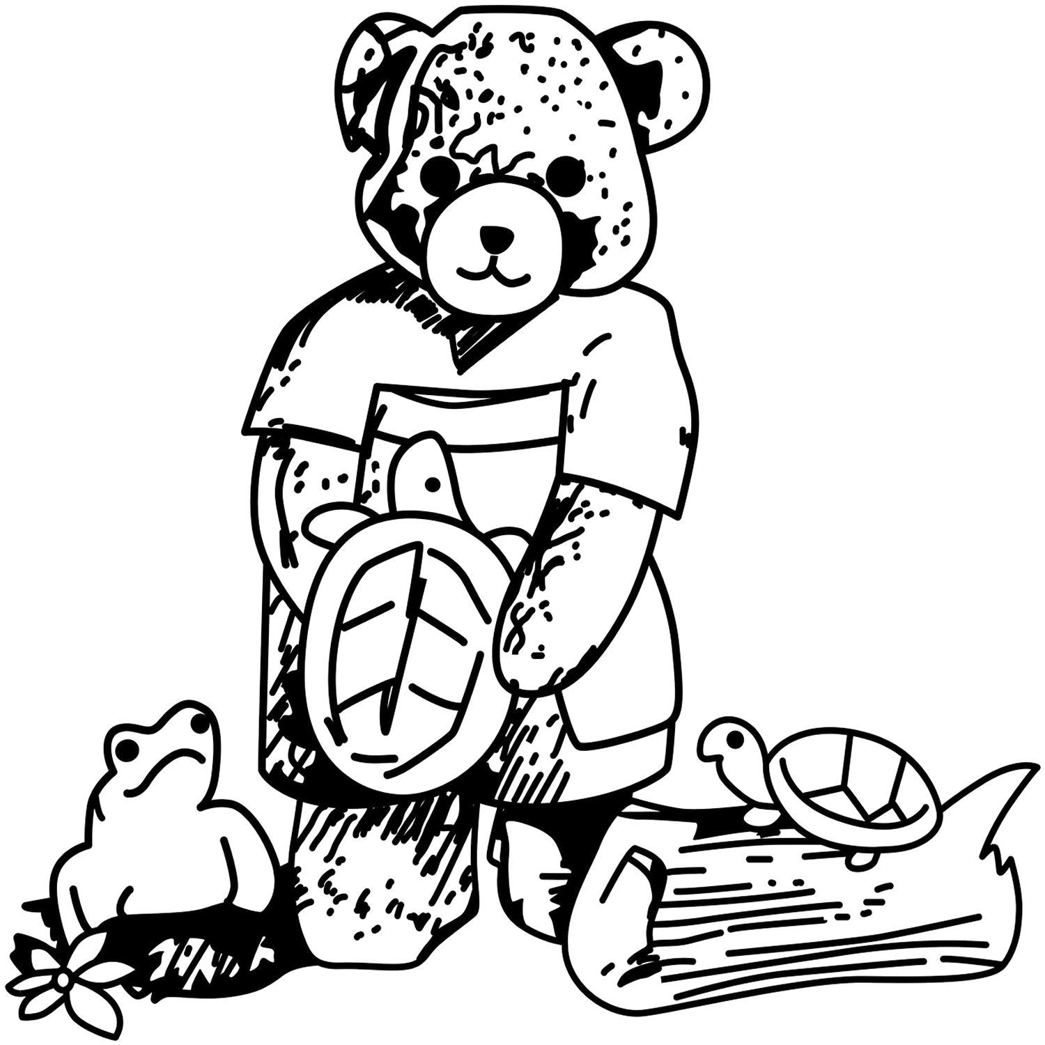 Black and white teddy bear with turtle shell and small frogs, cute animal coloring page illustration.
