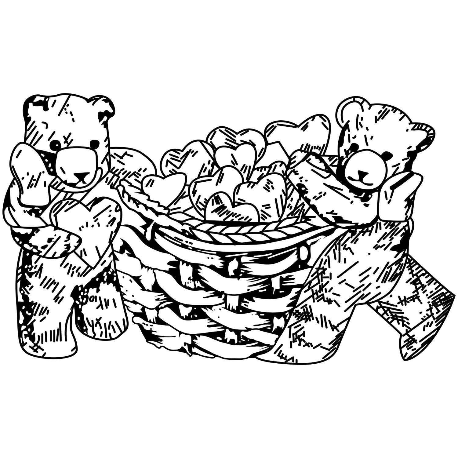 Black and white teddy bears holding a basket filled with heart shapes, cute Valentines Day coloring page illustration.
