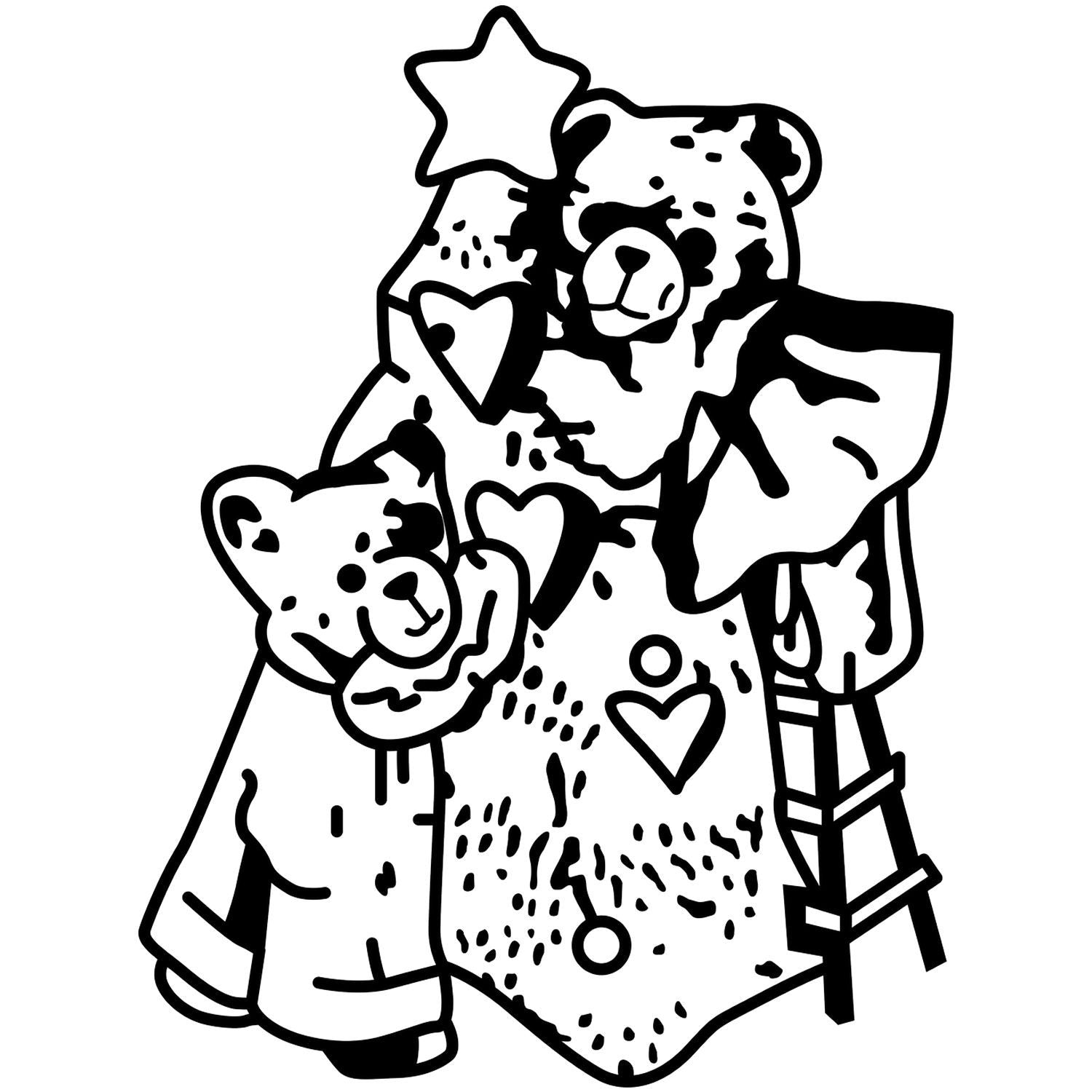 Black and white teddy bear coloring page with hearts and star, cute cartoon bear line art for kids.