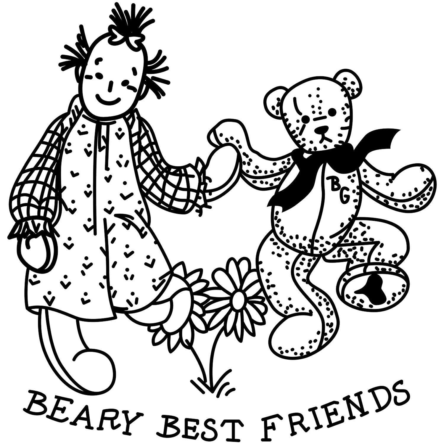 Black and white Beary Best Friends coloring page featuring a girl holding hands with a teddy bear, with flowers and cute doodle-style outlines.
