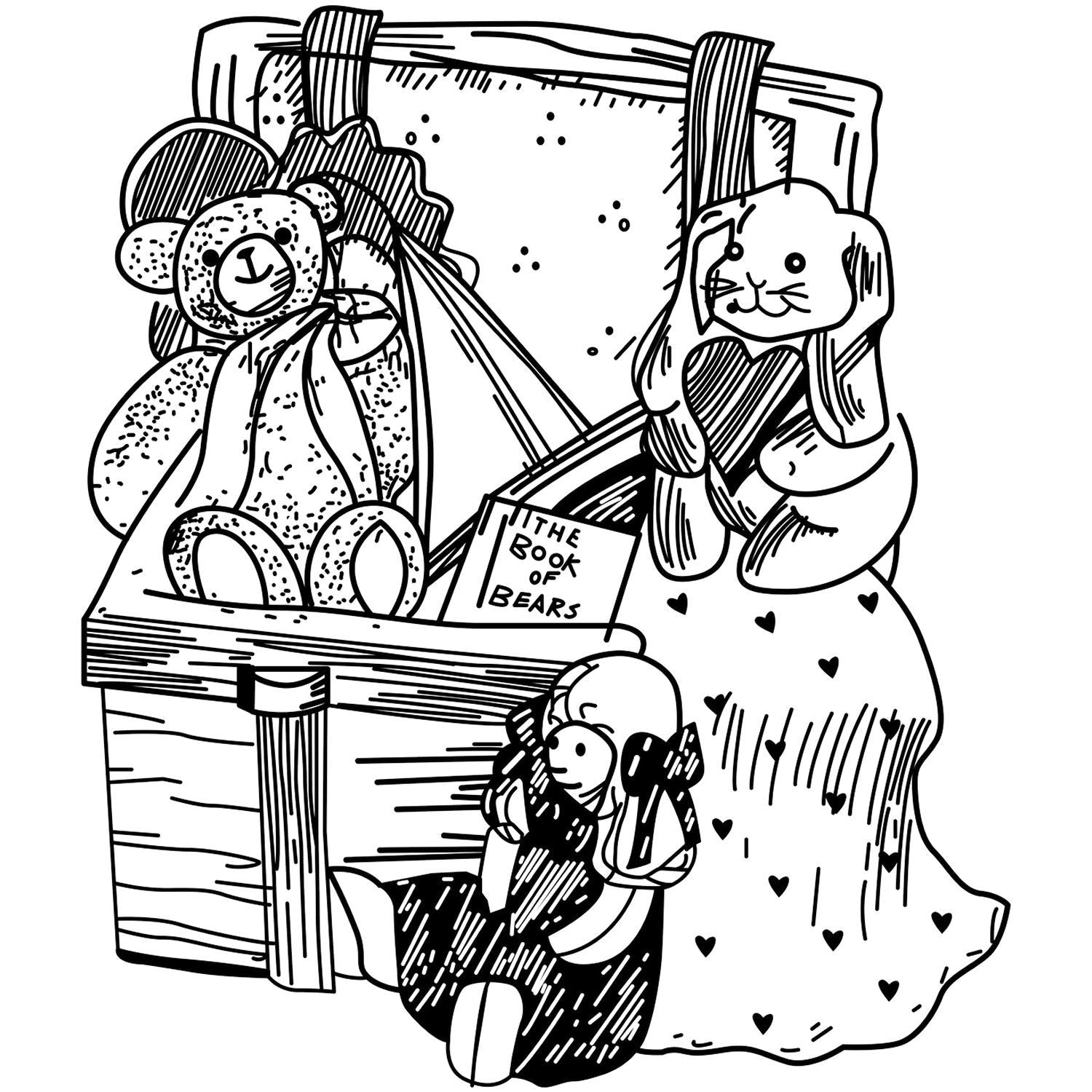 Cute black and white teddy bear coloring page with stuffed bears in a gift basket, heart pattern blanket, and book titled The Book of Bears