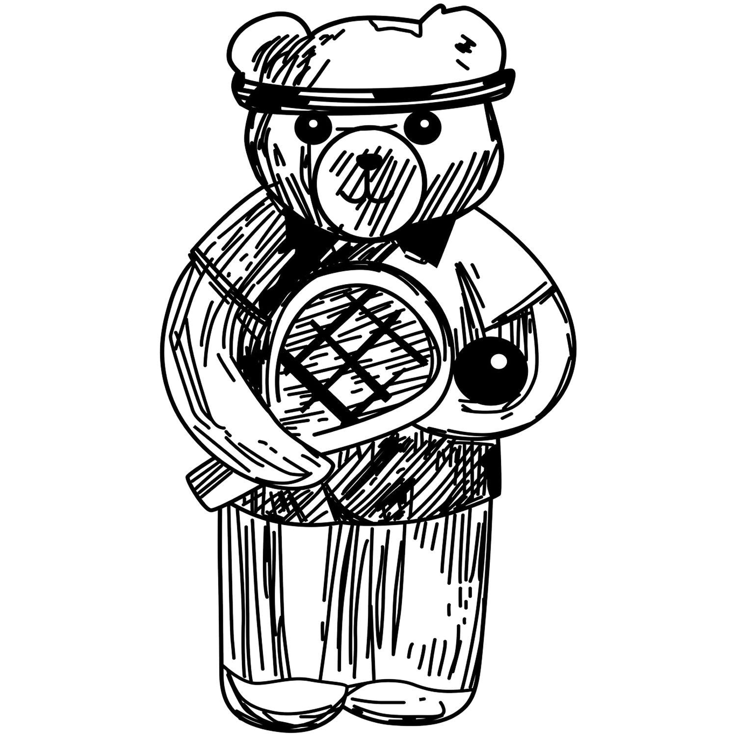 Black and white hand-drawn teddy bear illustration wearing a headband and holding a round ball, cute cartoon bear clipart on white background.