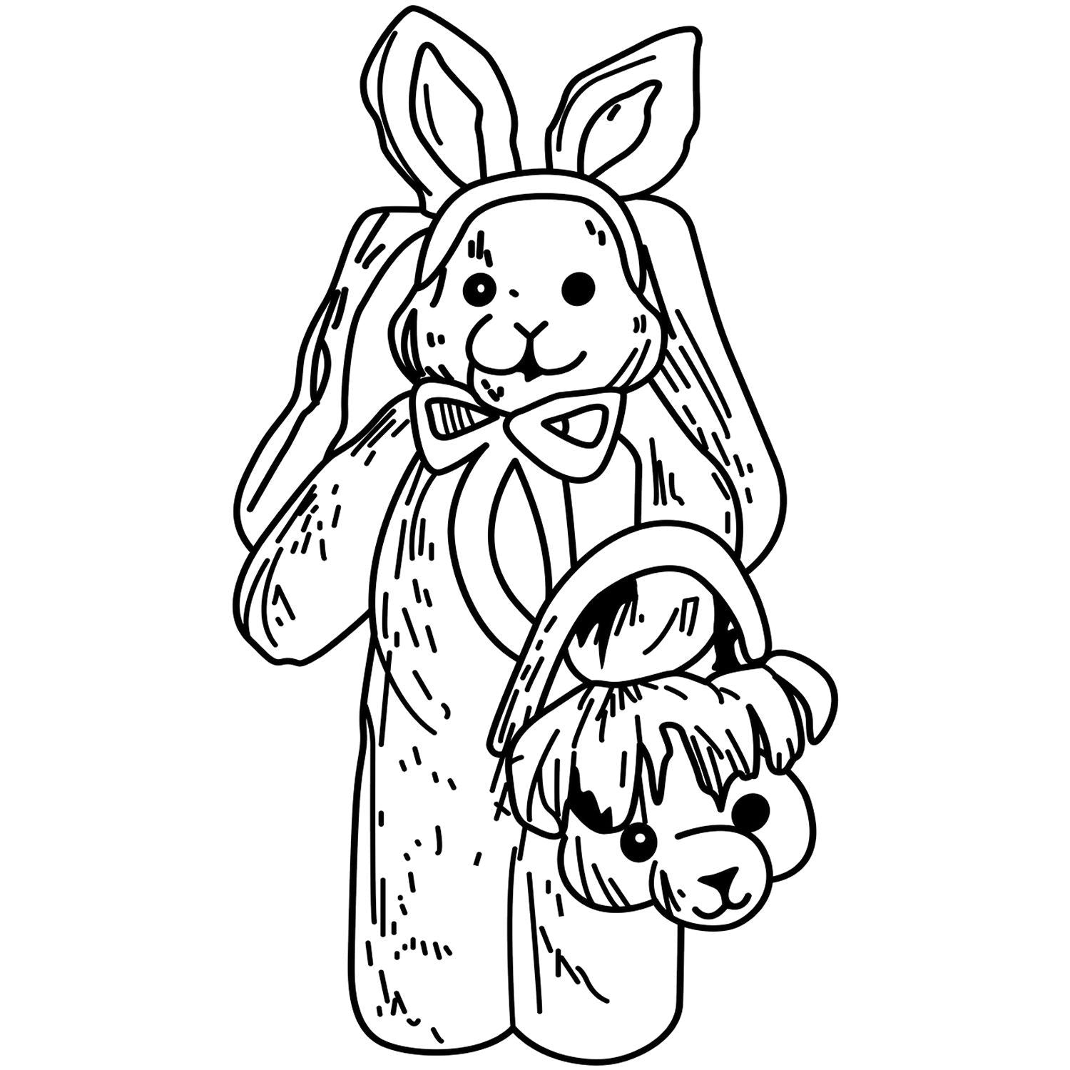Cute black and white bunny coloring page with kawaii rabbit illustration and bow detail