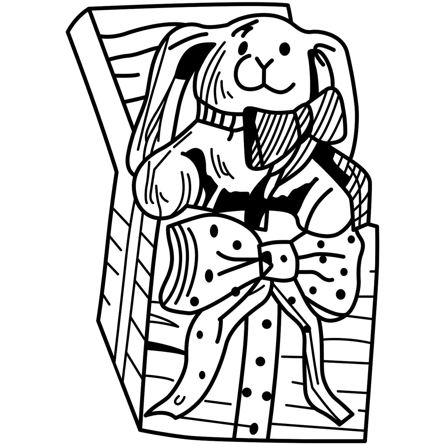Cute bunny in a coffin black and white coloring page, spooky Halloween rabbit line art with bow tie.