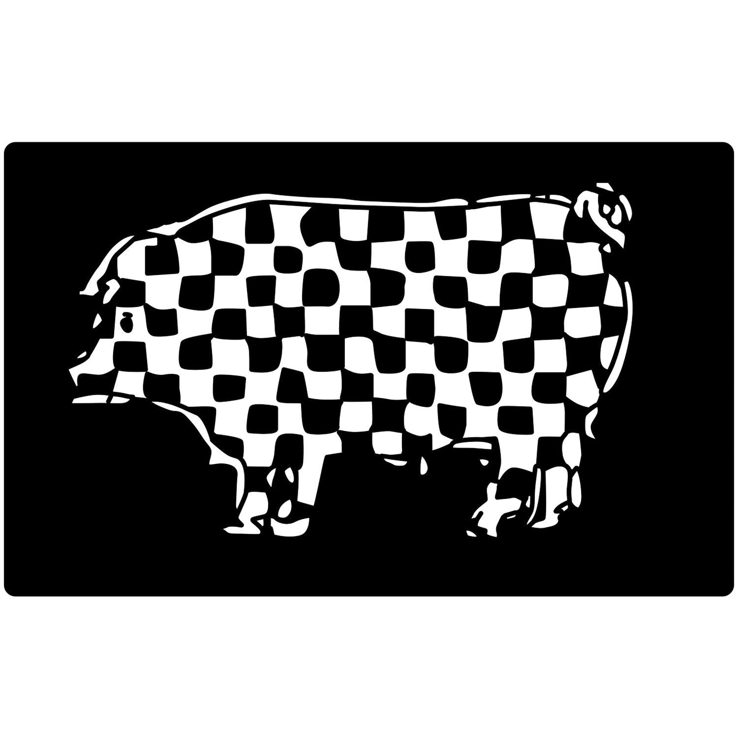 Black and white checkered cow silhouette on a black background, modern graphic animal design.