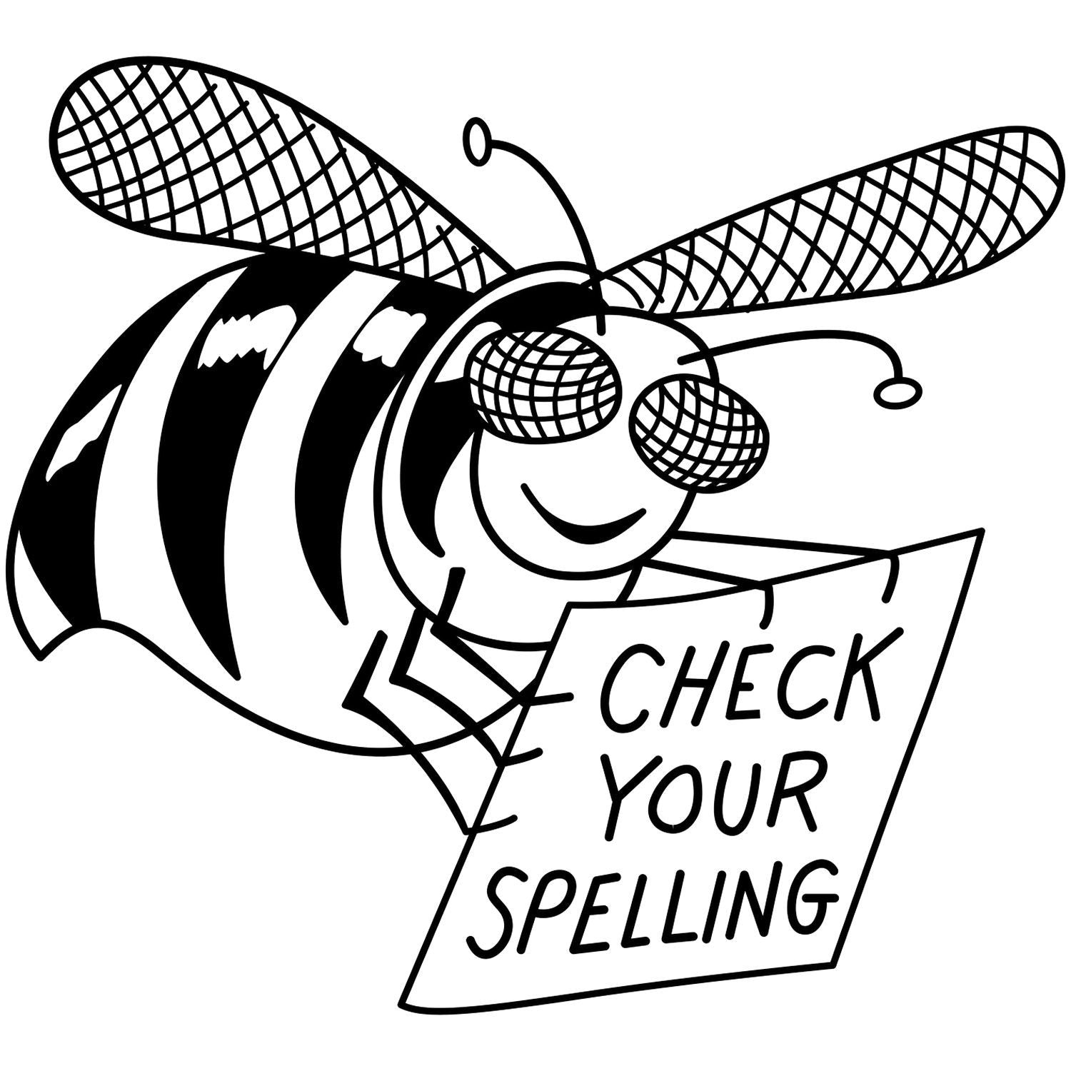 Cartoon spelling bee holding a sign that says Check Your Spelling educational clipart illustration.