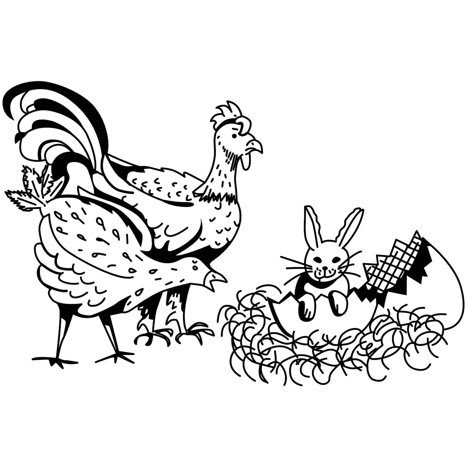 Black and white rooster and bunny Easter coloring page, featuring a rabbit sitting in a cracked egg basket.