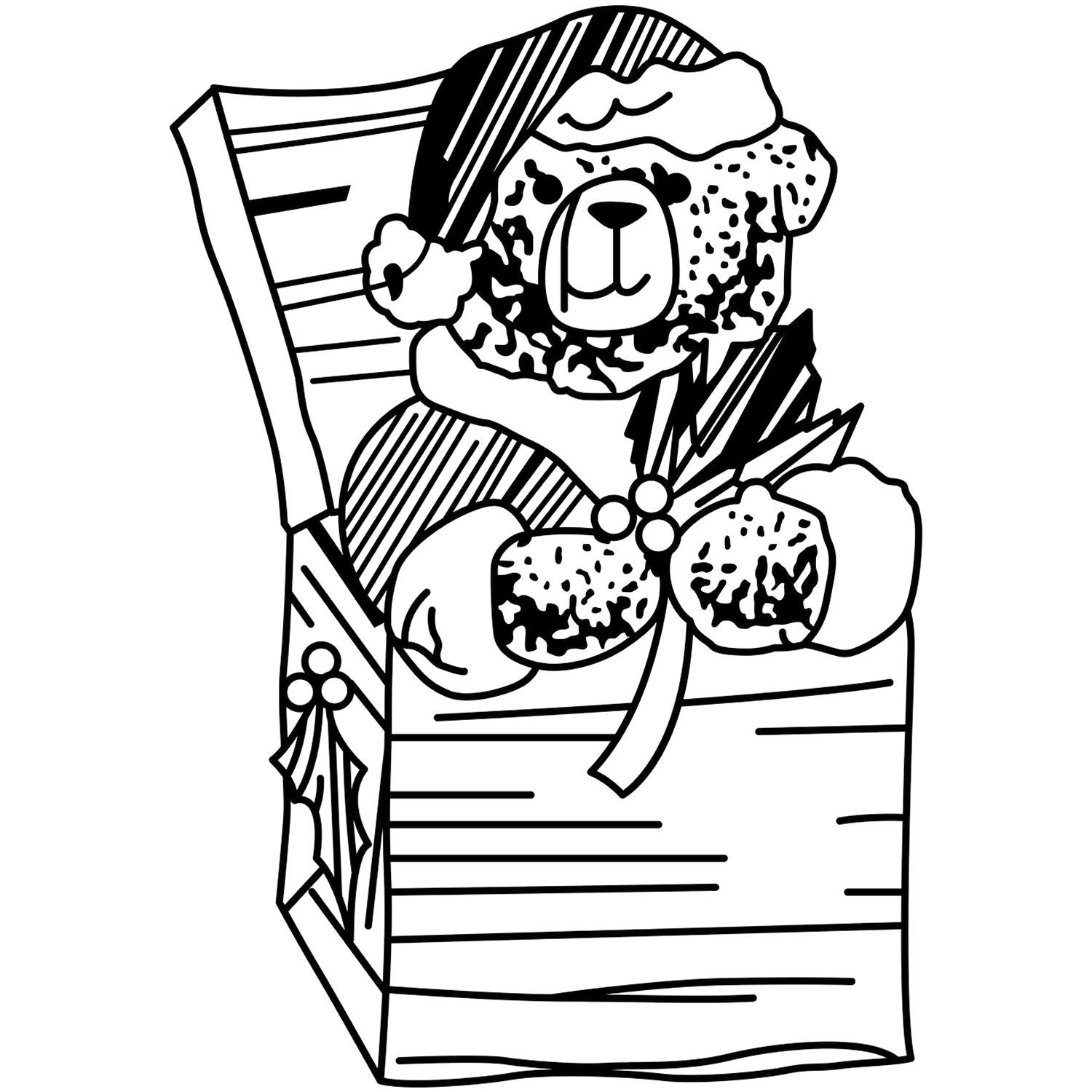 Cute black and white teddy bear coloring page in a festive gift bag with bow.