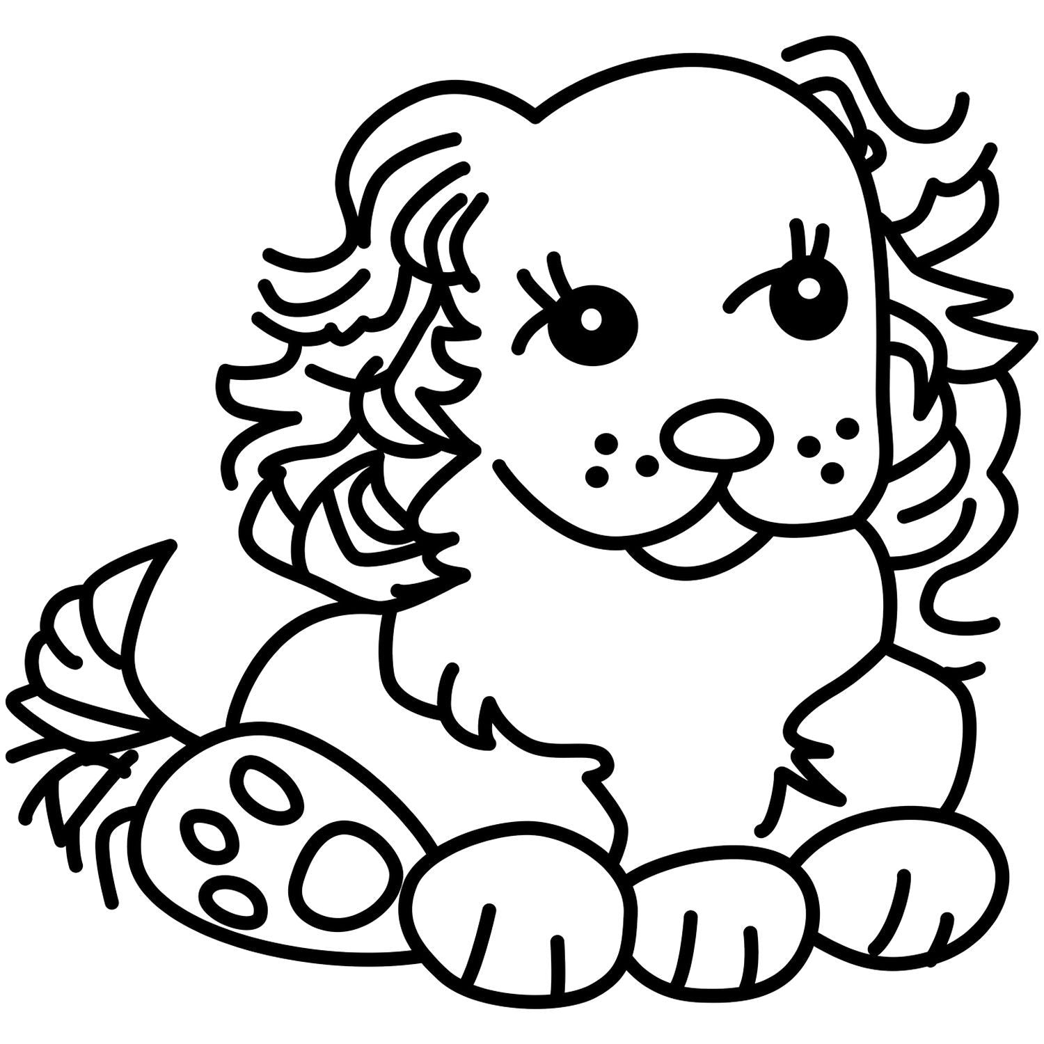 Cute cartoon puppy coloring page with fluffy fur, big eyes, and paws sitting on a white background.