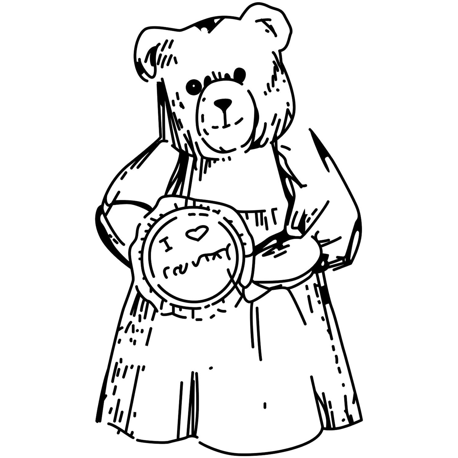 Black and white teddy bear line art holding a cute heart plush toy, simple hand-drawn illustration.
