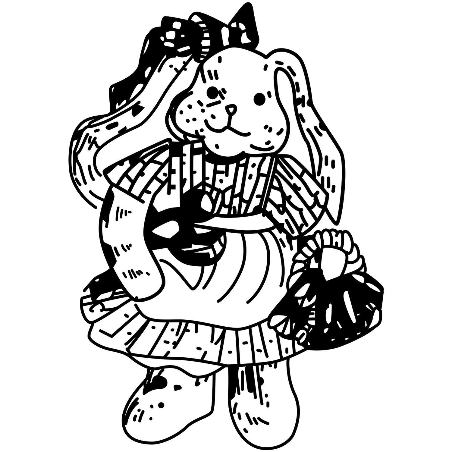Cute black and white bunny wearing a dress and bow, hand-drawn rabbit illustration on a white background.