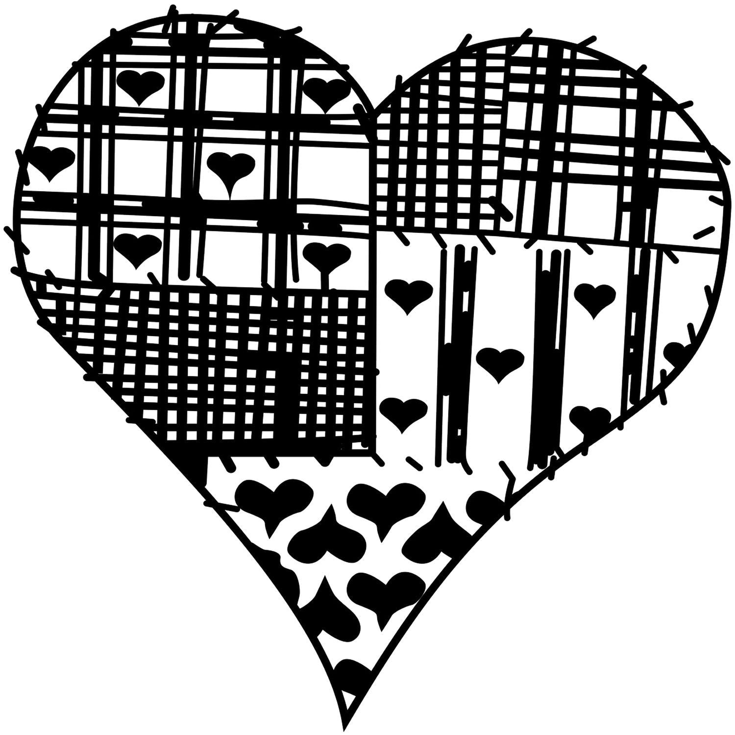 Black plaid heart design with decorative heart pattern, romantic monochrome clipart illustration.