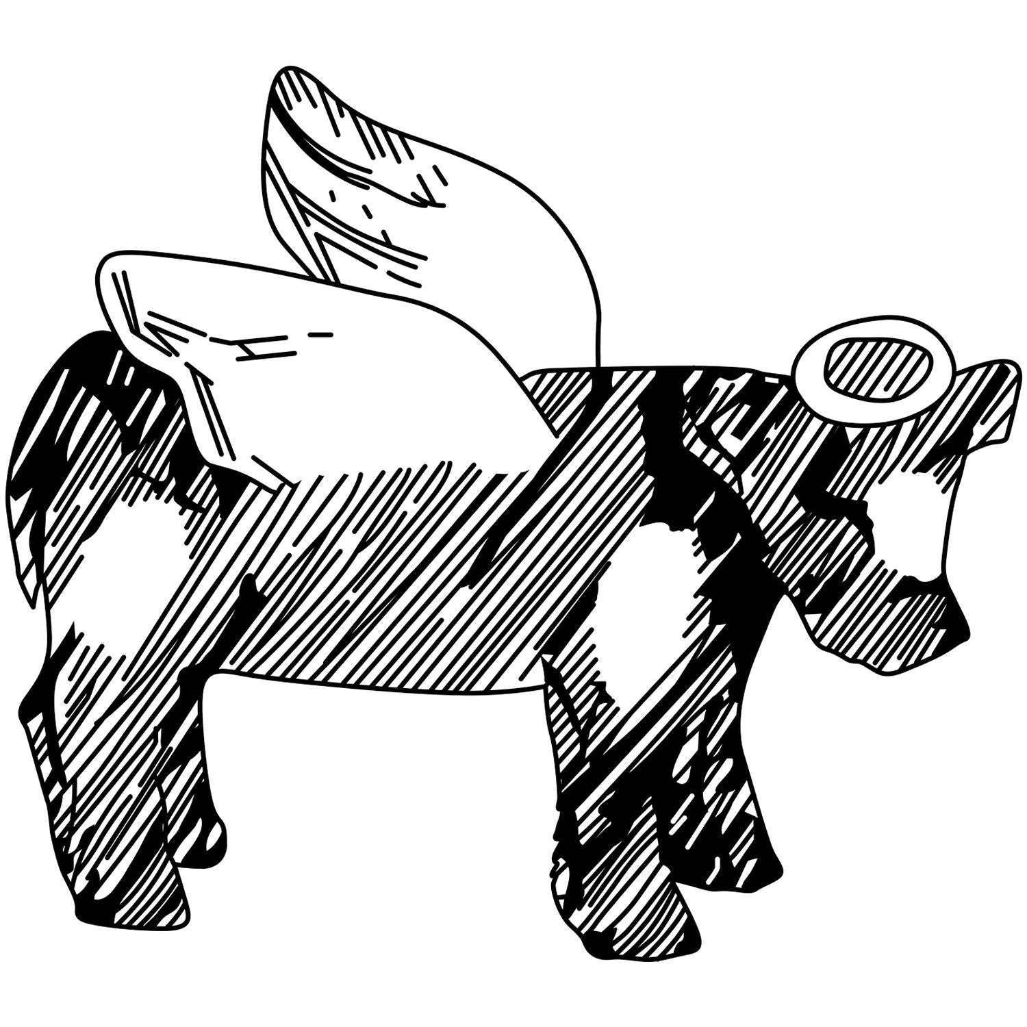 Black and white hand-drawn cow illustration in sketch style, side view.