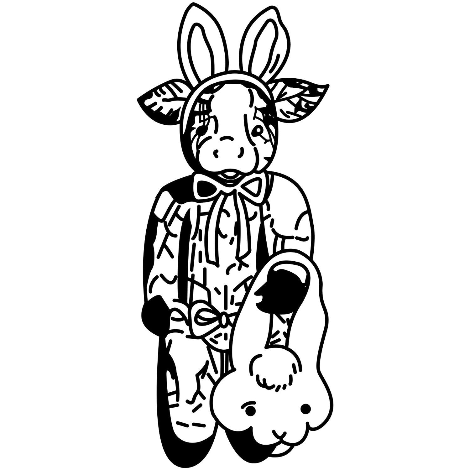 Cute black and white cow with bunny ears and bow tie, holding a plush bunny, cartoon line art illustration.