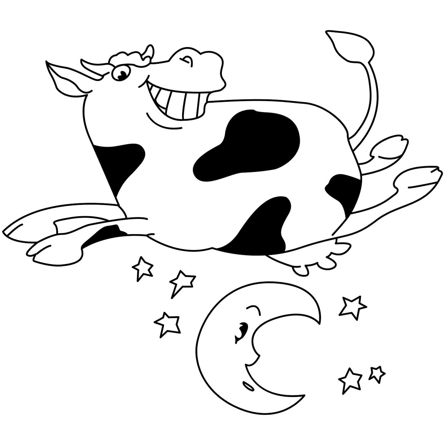 Cute cartoon cow jumping over the moon with stars, black and white kids coloring page illustration.