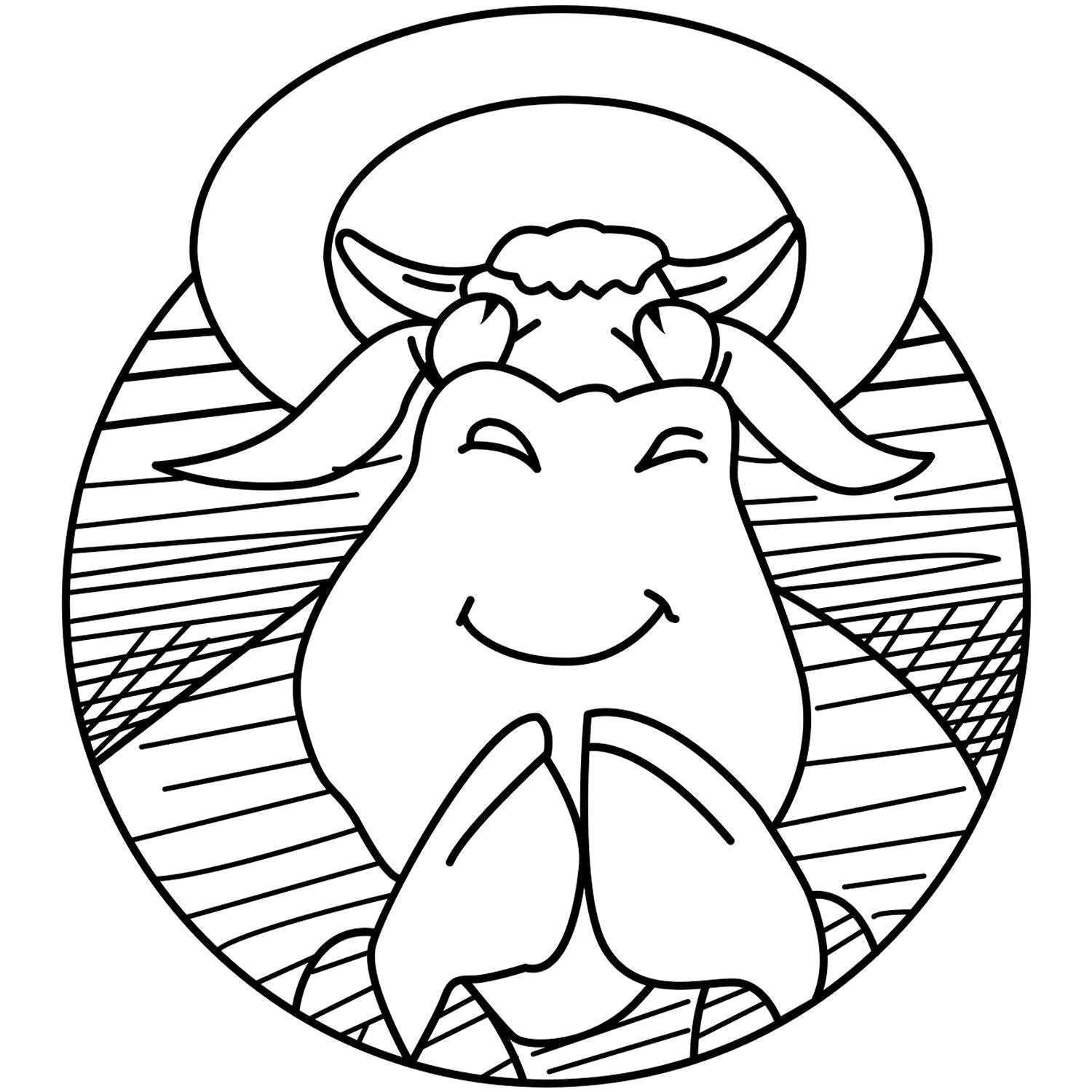 Cute smiling cow in a hat black-and-white coloring page illustration with a playful cartoon design.