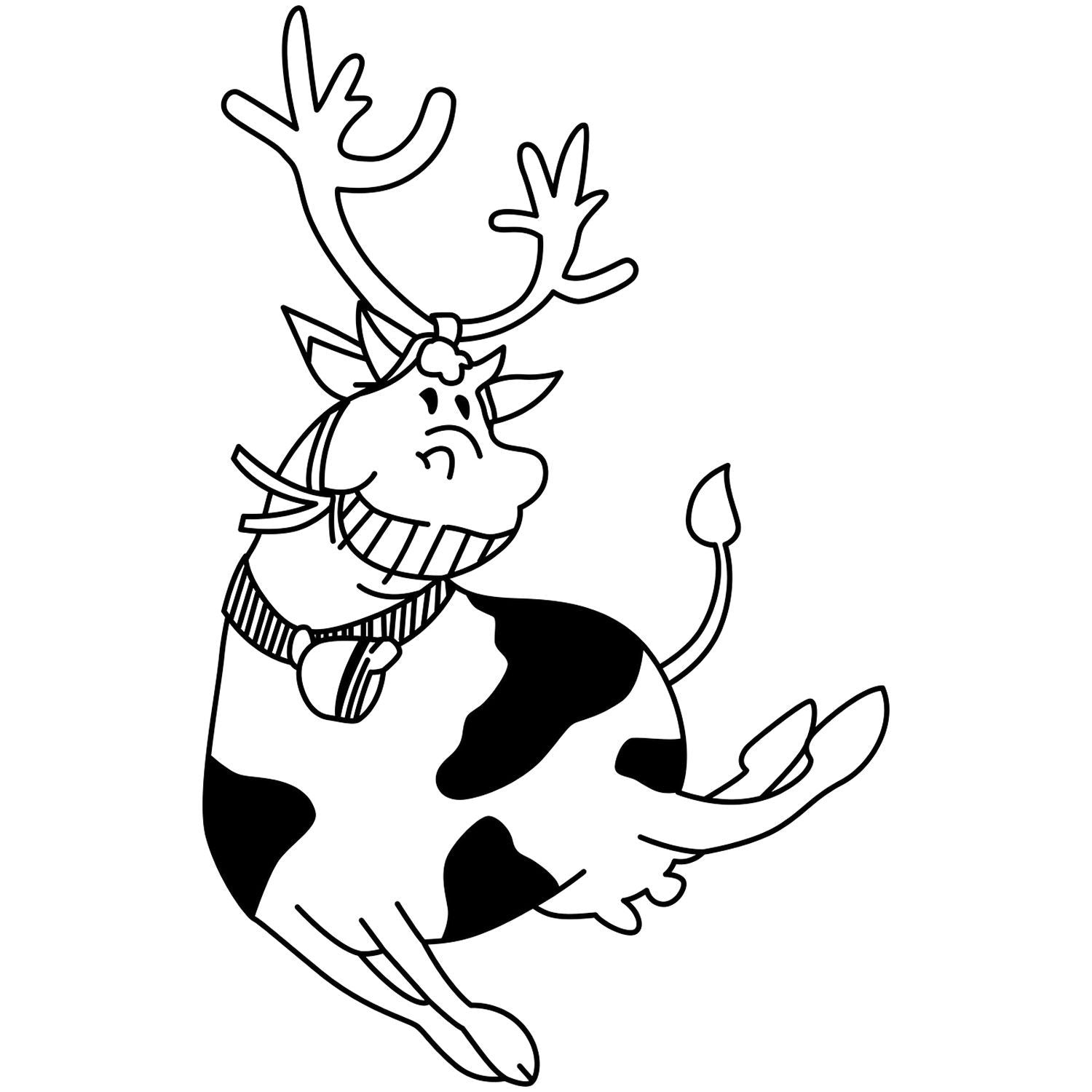 Cute reindeer coloring page with antlers, scarf, and black-and-white cartoon illustration on a white background.