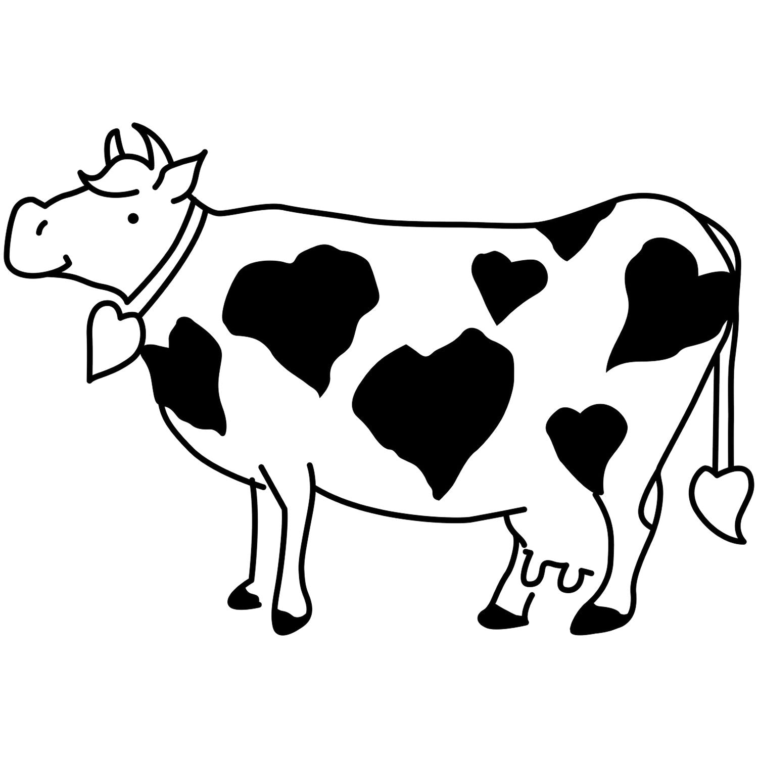 Cute black and white spotted cow illustration clipart with heart-shaped patches, farm animal graphic on a white background.