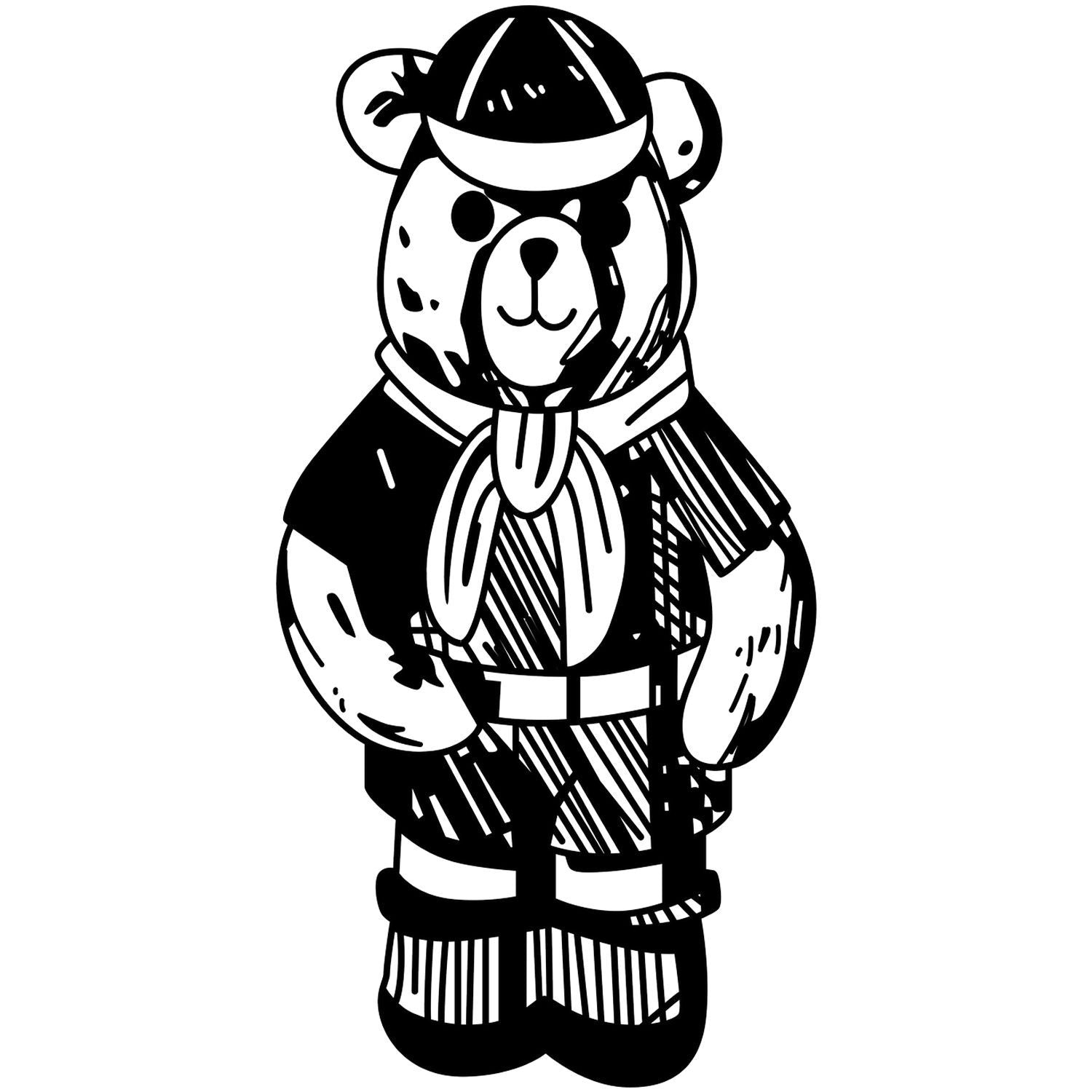Black and white cartoon teddy bear wearing a scout-style outfit with hat, scarf, and belt illustration.