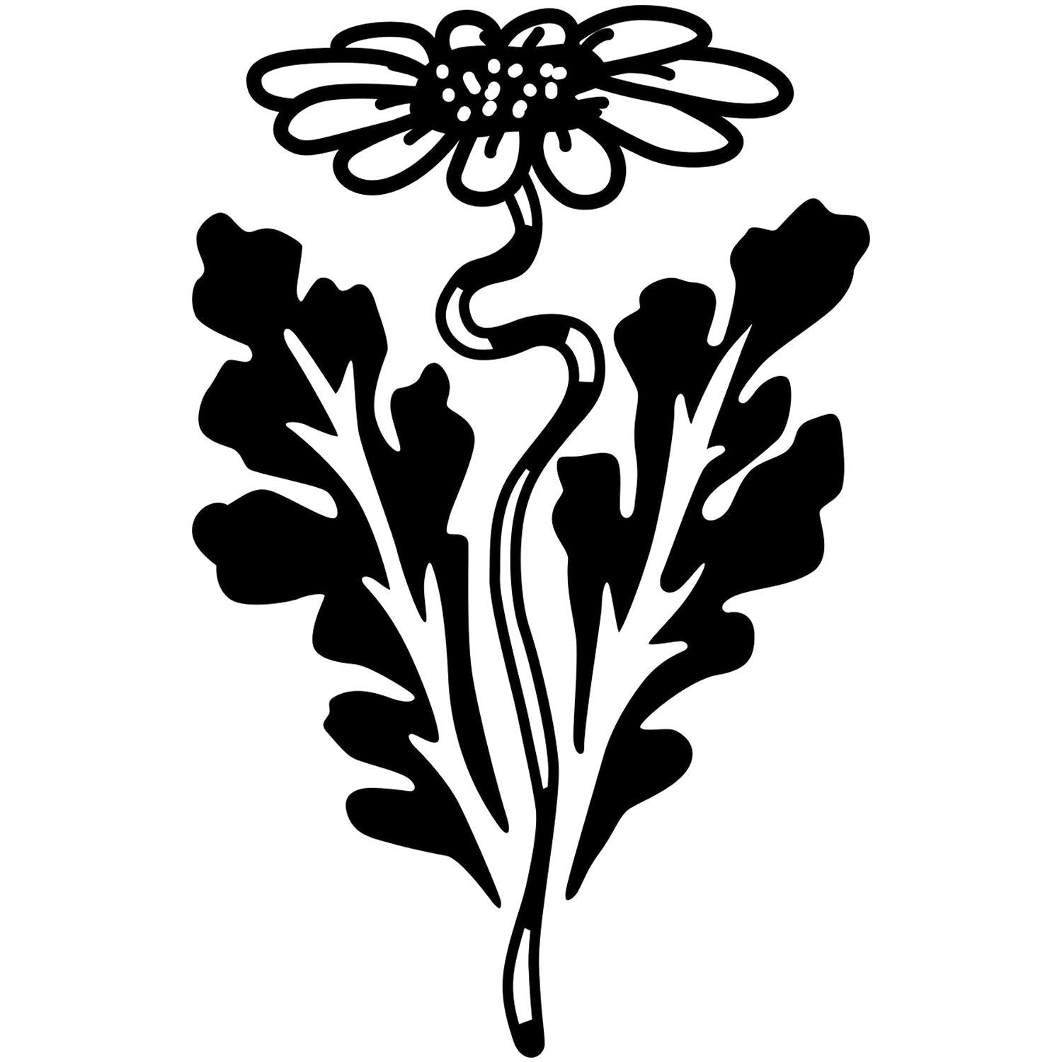 Black flower silhouette with leafy stem, simple botanical floral clipart on white background.