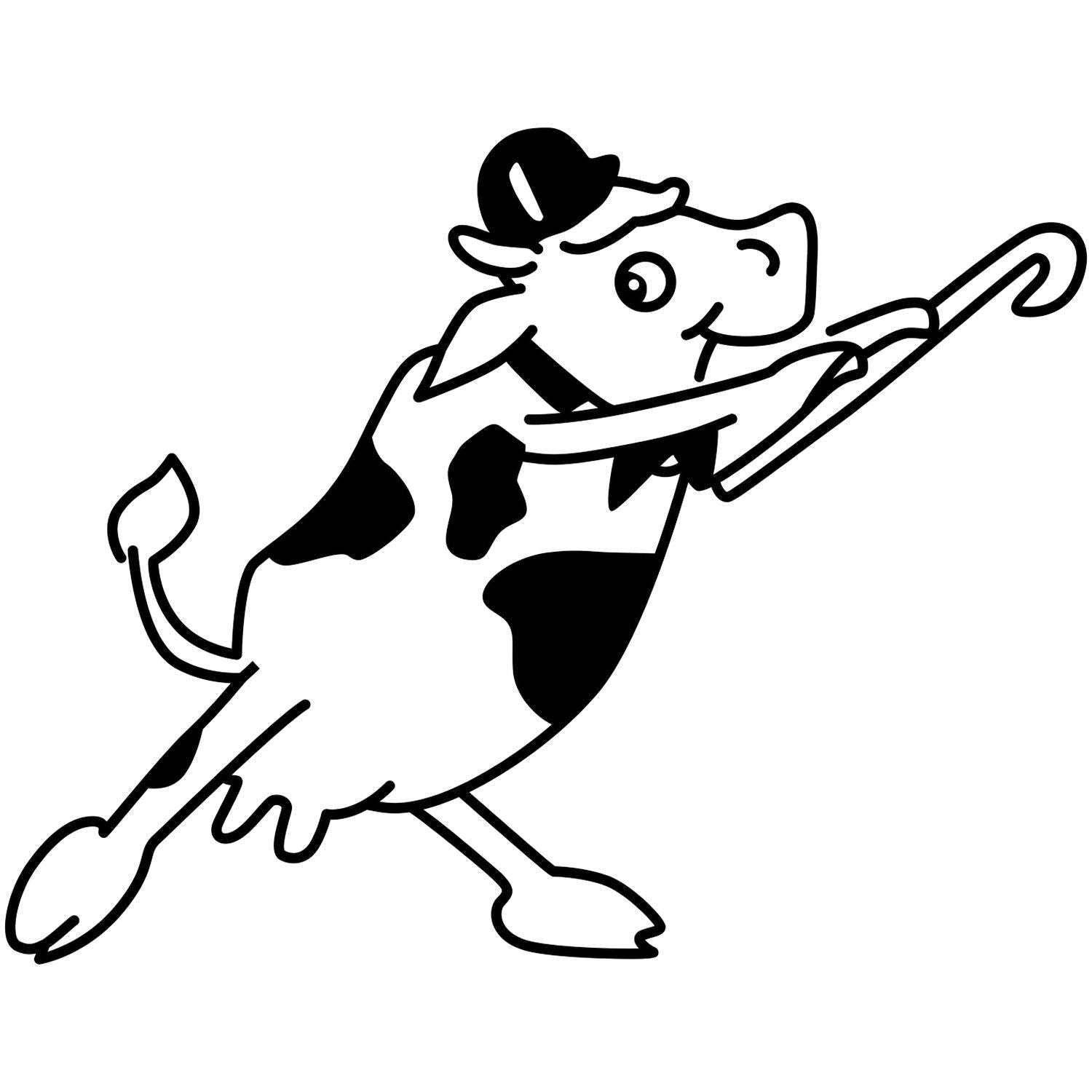 Black and white cartoon cow mascot wearing a hat and holding a cane in playful line art style.